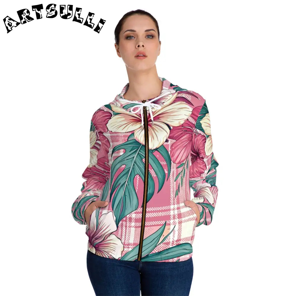 JAKKOUTTHEBXX Plaid x Floral Burgundy and Green Women’s Full-Zip
