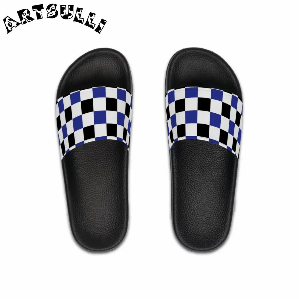 JAKKOUTTHEBXX Checkerboard Blue White and Black Men’s Slide Sandals