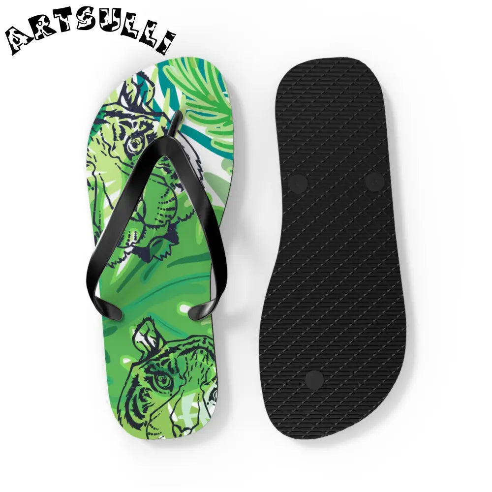 JAKKOUTTHEBXX Tropical Jungle Tigers Green Flip Flops JAKKOUTTHEBXX