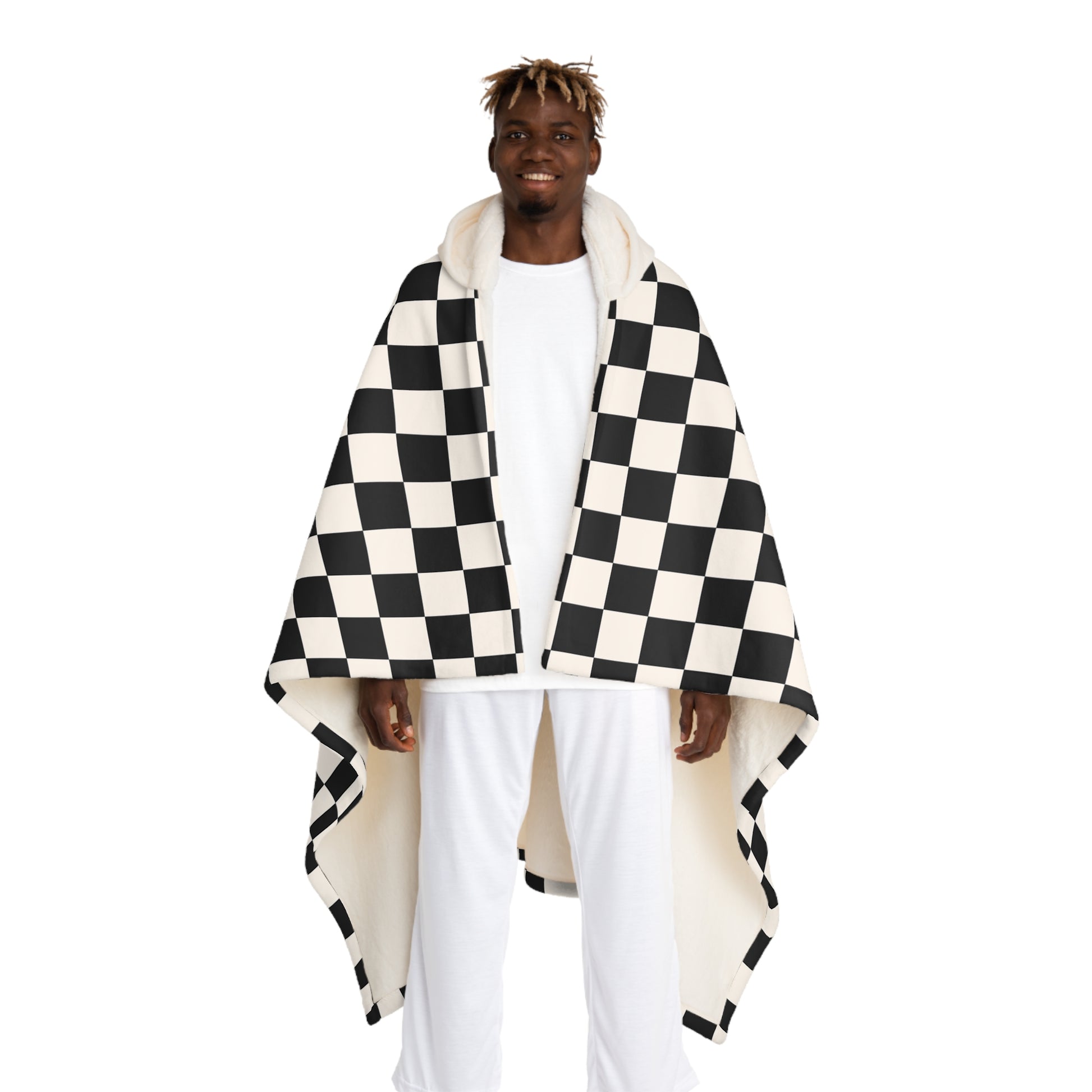 Checkerboard II White and Black Hooded Sherpa Fleece Blanket, Artsulli - Art is Long, Life is Short, All Over Prints, Size, One size, Color, Cream, , , 16636521773648357422
