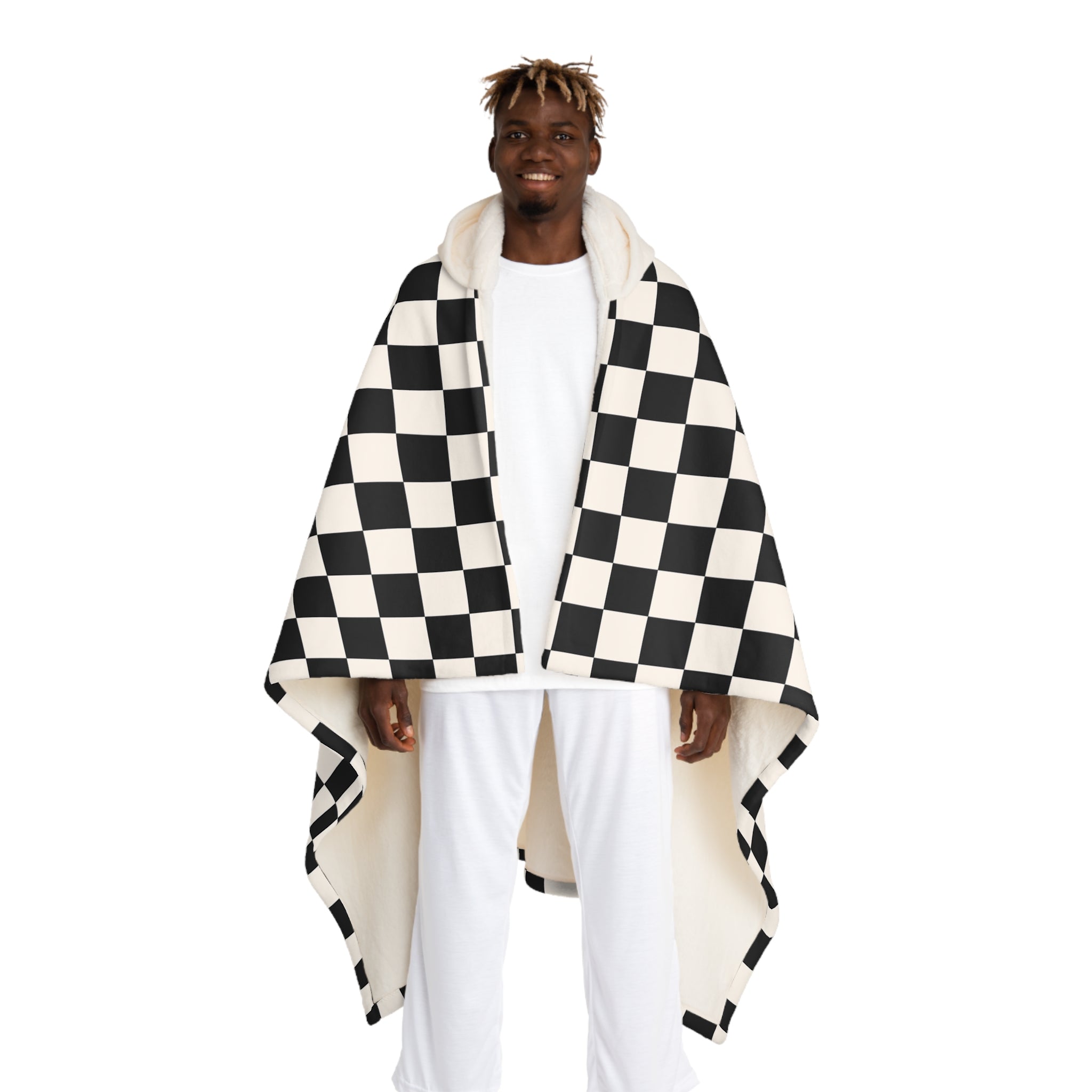 Checkerboard II White and Black Hooded Sherpa Fleece Blanket, Artsulli - Art is Long, Life is Short, All Over Prints, Size, One size, Color, Cream, , , 16636521773648357422