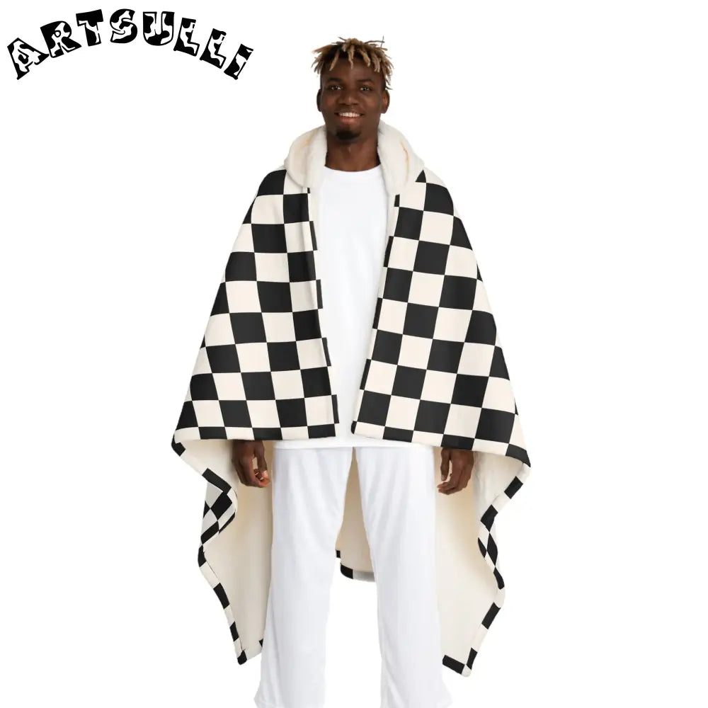 JAKKOUTTHEBXX Checkerboard II White and Black Hooded Sherpa Fleece