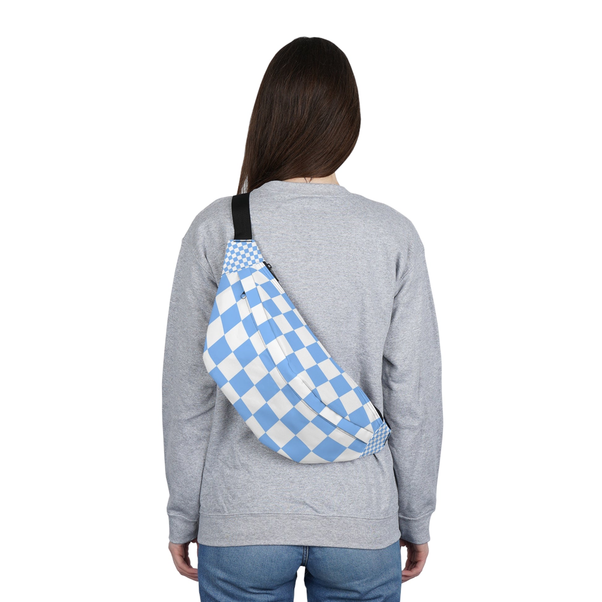 Checkerboard White and Light Blue Large Fanny Pack, Artsulli - Art is Long, Life is Short, Bags, , , , , , , 