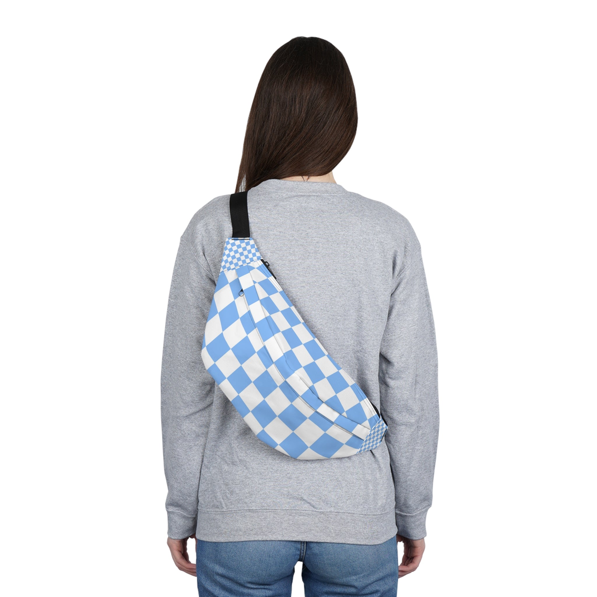 Checkerboard White and Light Blue Large Fanny Pack, Artsulli - Art is Long, Life is Short, Bags, , , , , , , 