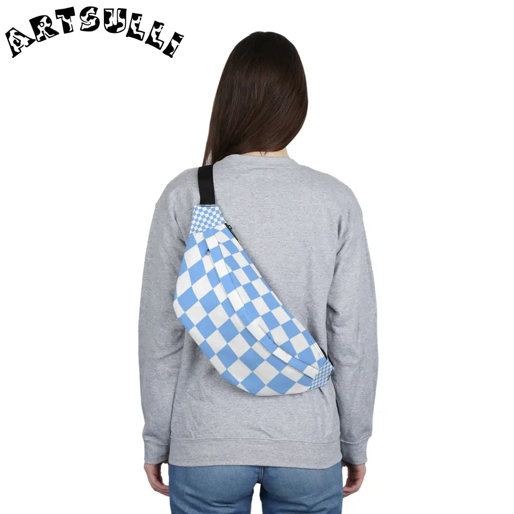 JAKKOUTTHEBXX Checkerboard White and Light Blue Large Fanny Pack