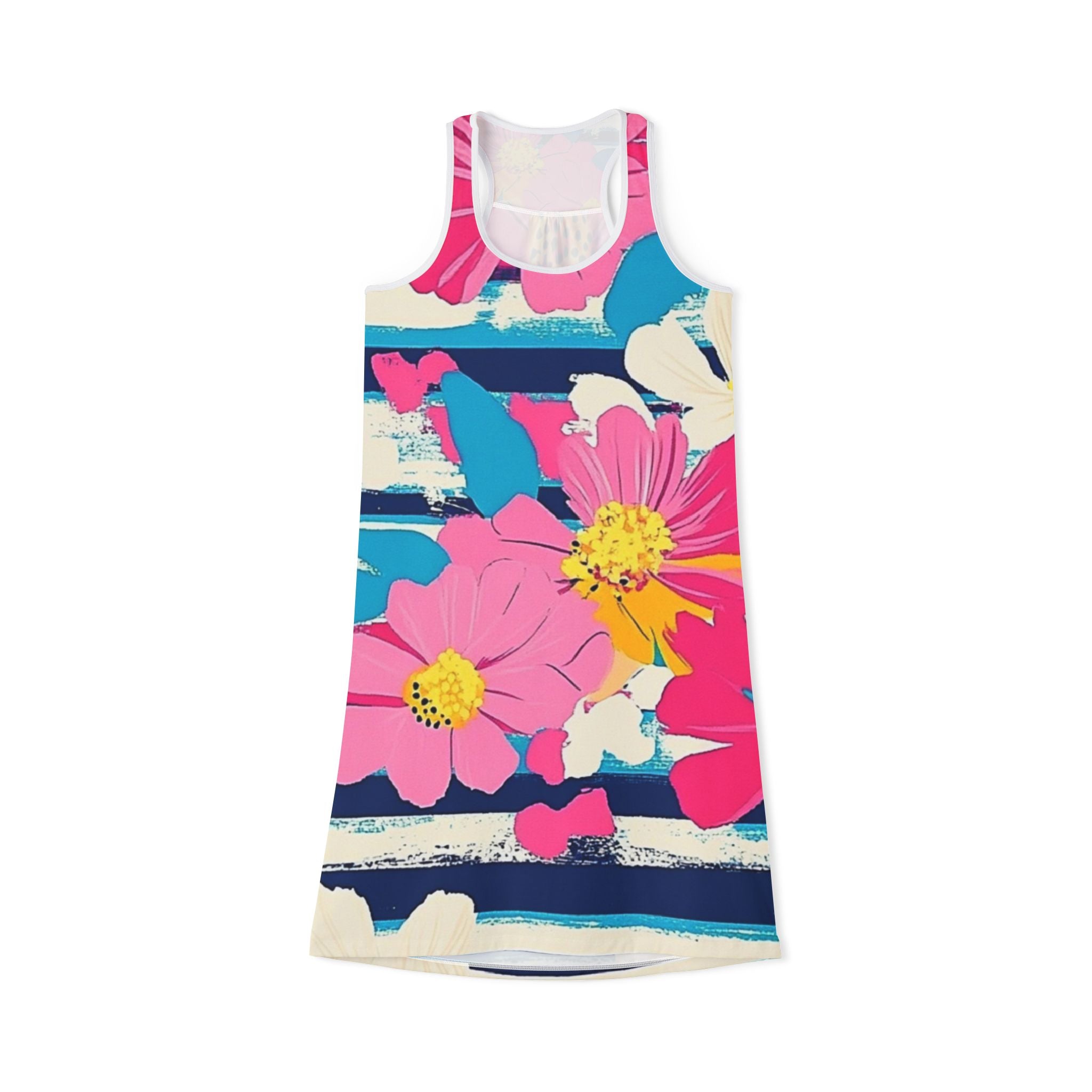 Dayglo Floral Stripes Multi-Color Women's Racerback Dress (AOP), Artsulli - Art is Long, Life is Short, Tank Top, Size, XS, Color, White, , , 39191604903192