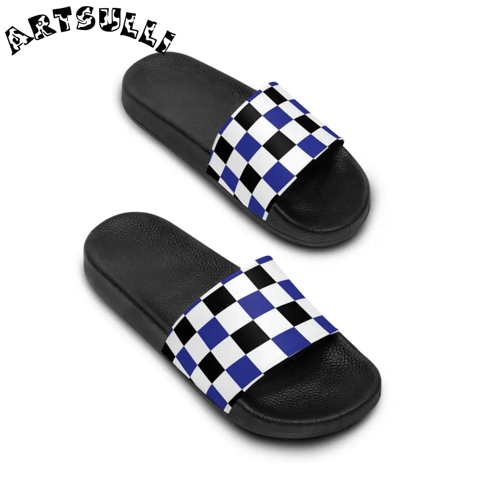 JAKKOUTTHEBXX Checkerboard Blue White and Black Men’s Slide Sandals