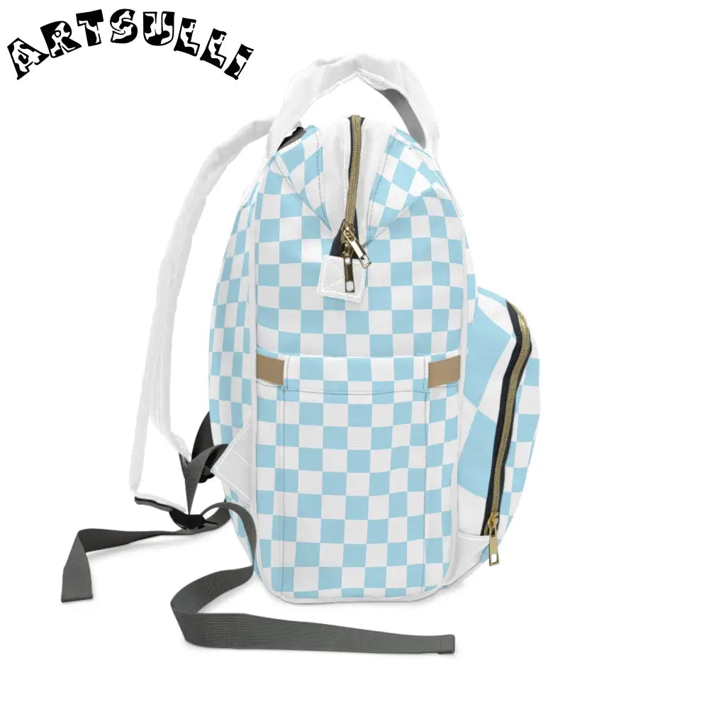 JAKKOUTTHEBXX Checkerboard Sky Blue Multifunctional Diaper Backpack