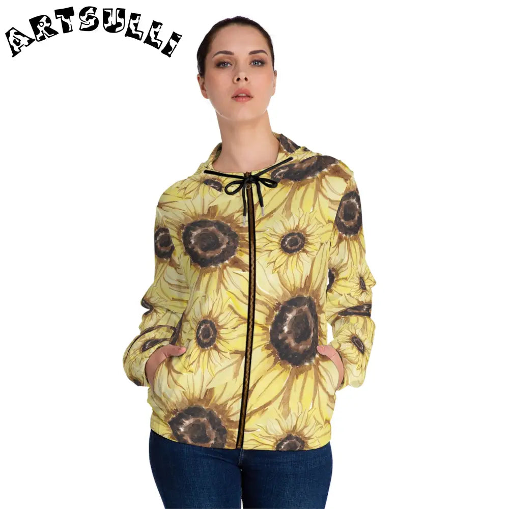 JAKKOUTTHEBXX Retro Anime Sunflower Women’s Full-Zip Hoodie (AOP)
