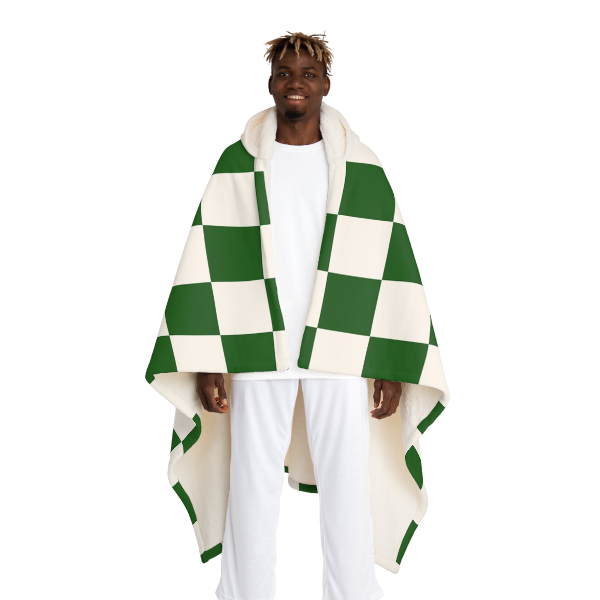 Checkerboard White and Dark Green Hooded Sherpa Fleece Blanket, Artsulli - Art is Long, Life is Short, All Over Prints, Size, One size, Color, Cream, , , 78305953864254644072