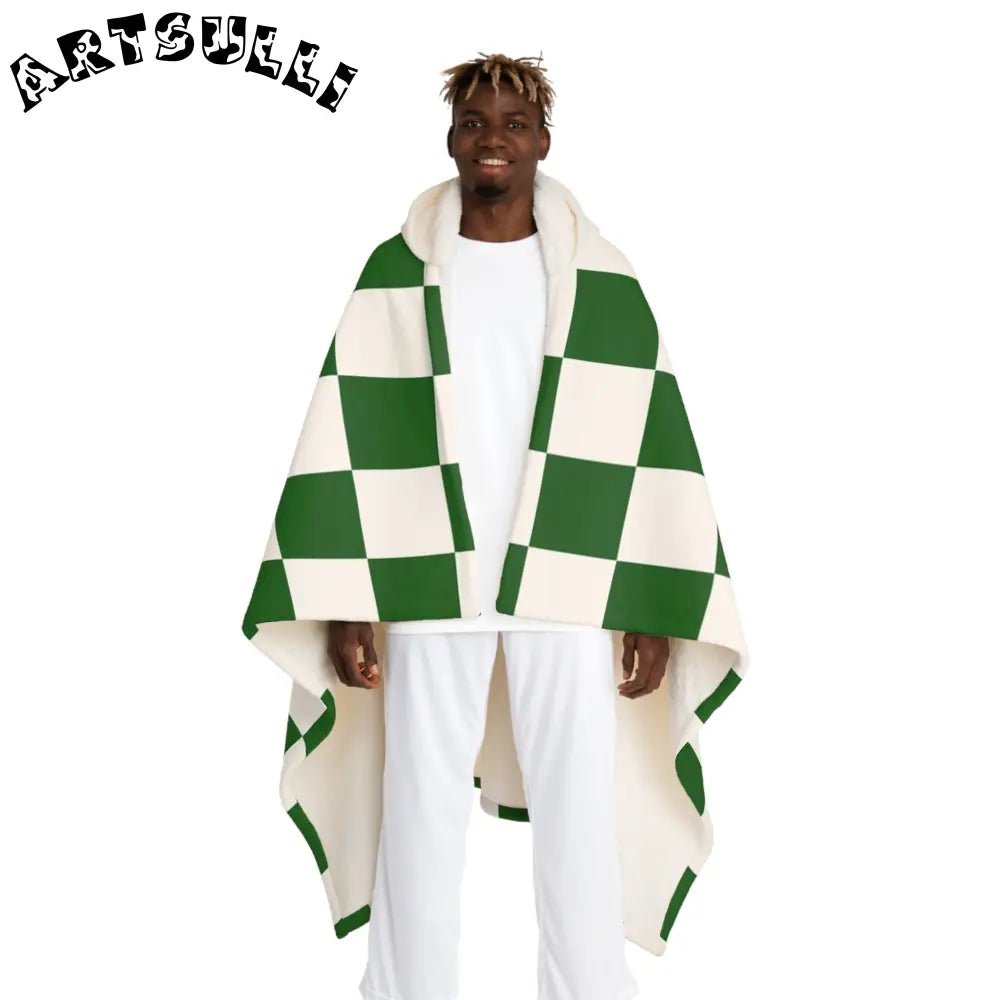 JAKKOUTTHEBXX Checkerboard White and Dark Green Hooded Sherpa Fleece