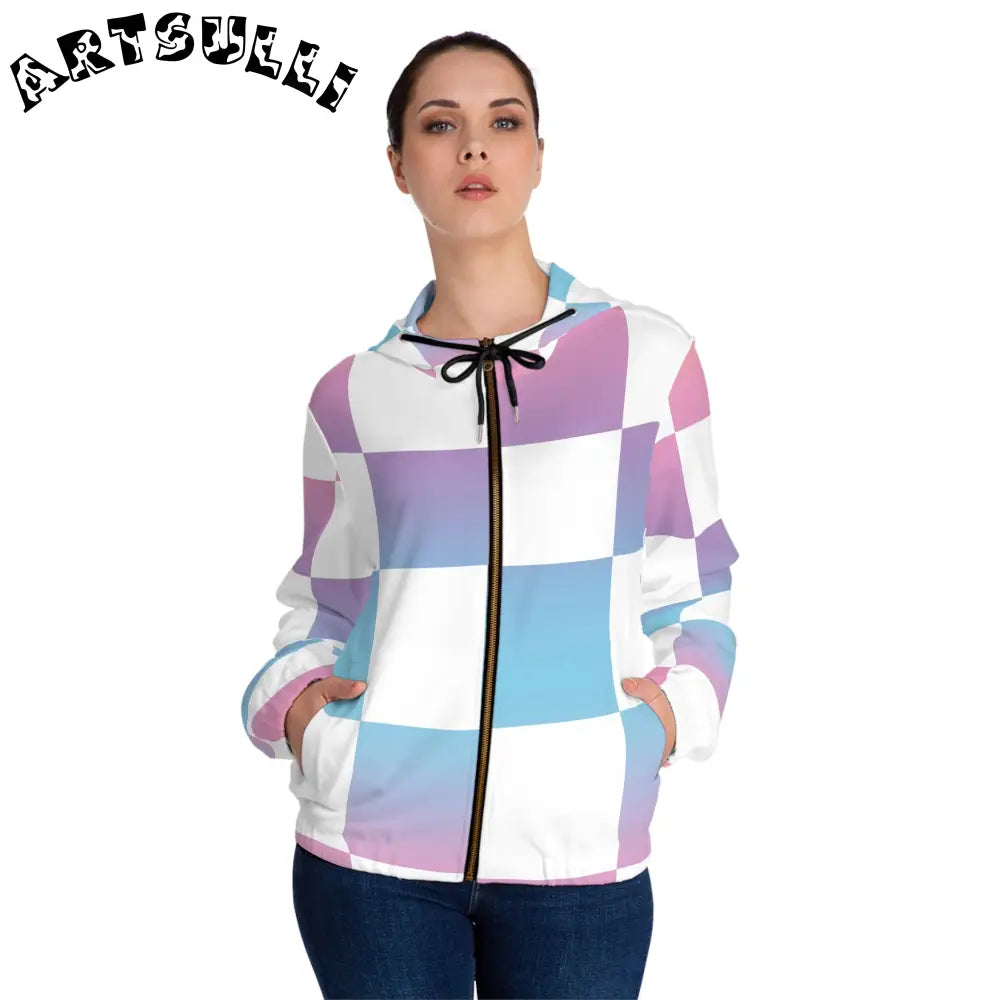 JAKKOUTTHEBXX Vaporwave Check Women’s Full-Zip Hoodie (AOP)