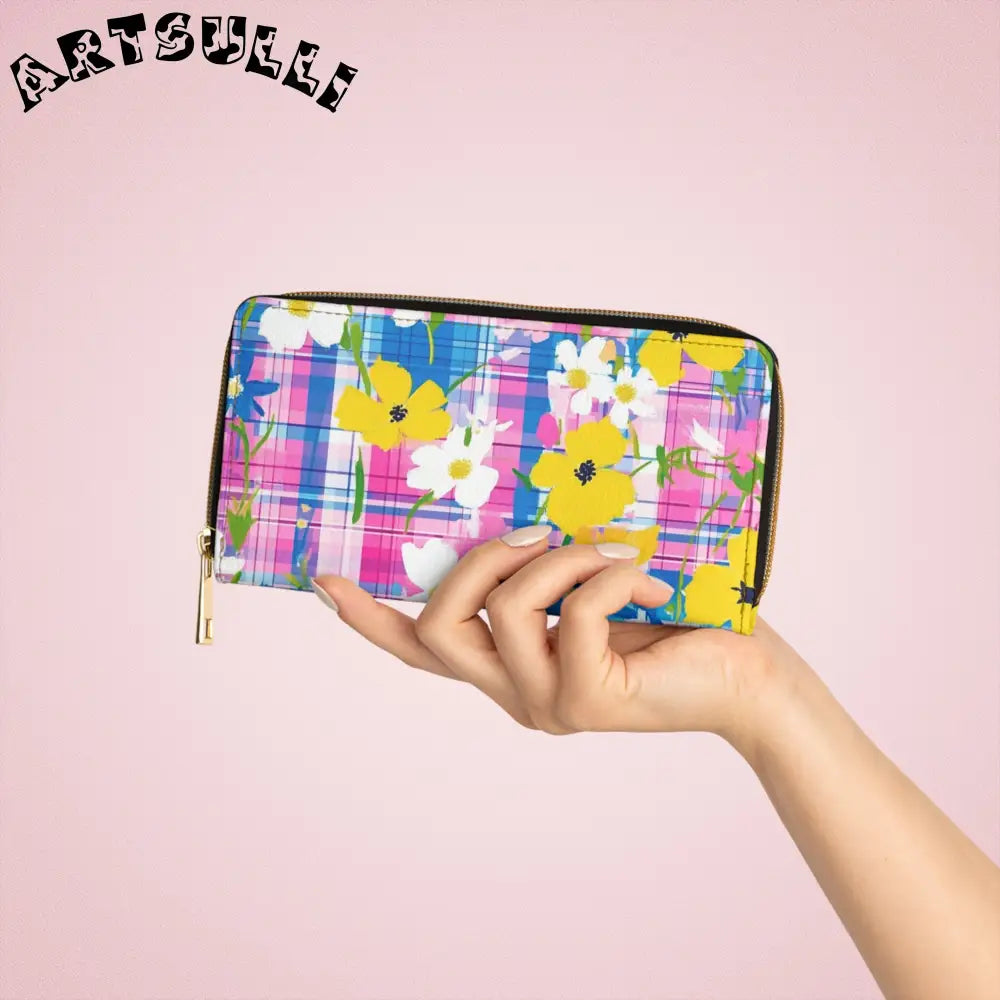 JAKKOUTTHEBXX Plaid Garden II Pink and Purple Zipper Wallet