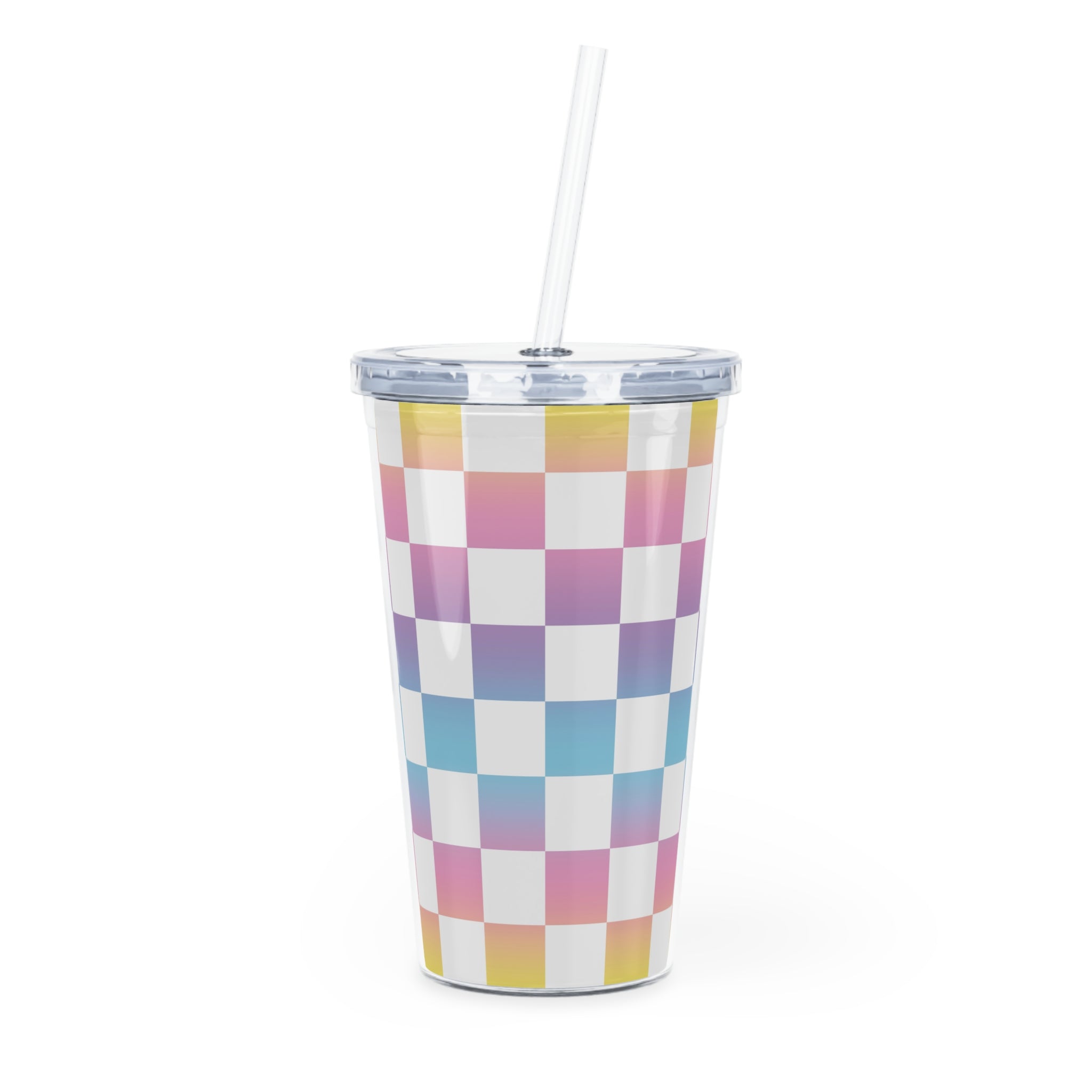 Vaporwave Check Plastic Tumbler with Straw, Artsulli - Art is Long, Life is Short, Mug, Size, 20oz, Color, Transparent, , , 31219381490349891174
