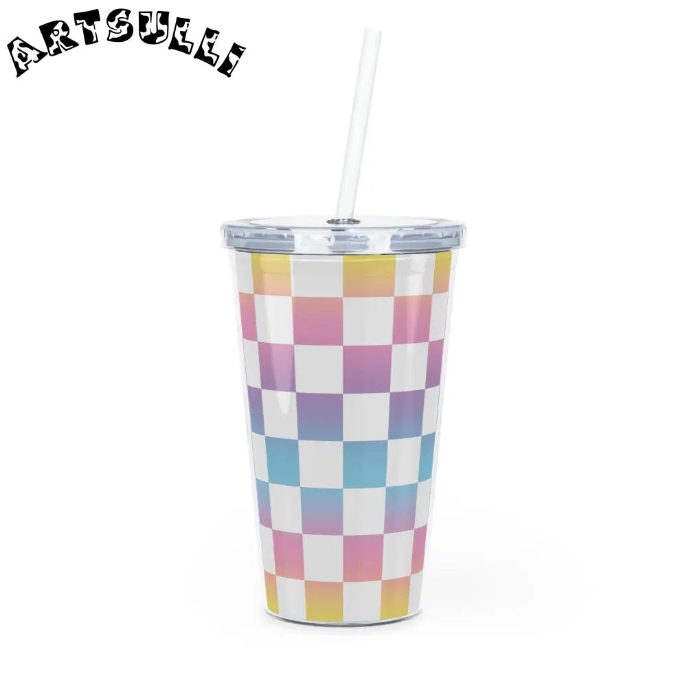 JAKKOUTTHEBXX Vaporwave Check Plastic Tumbler with Straw