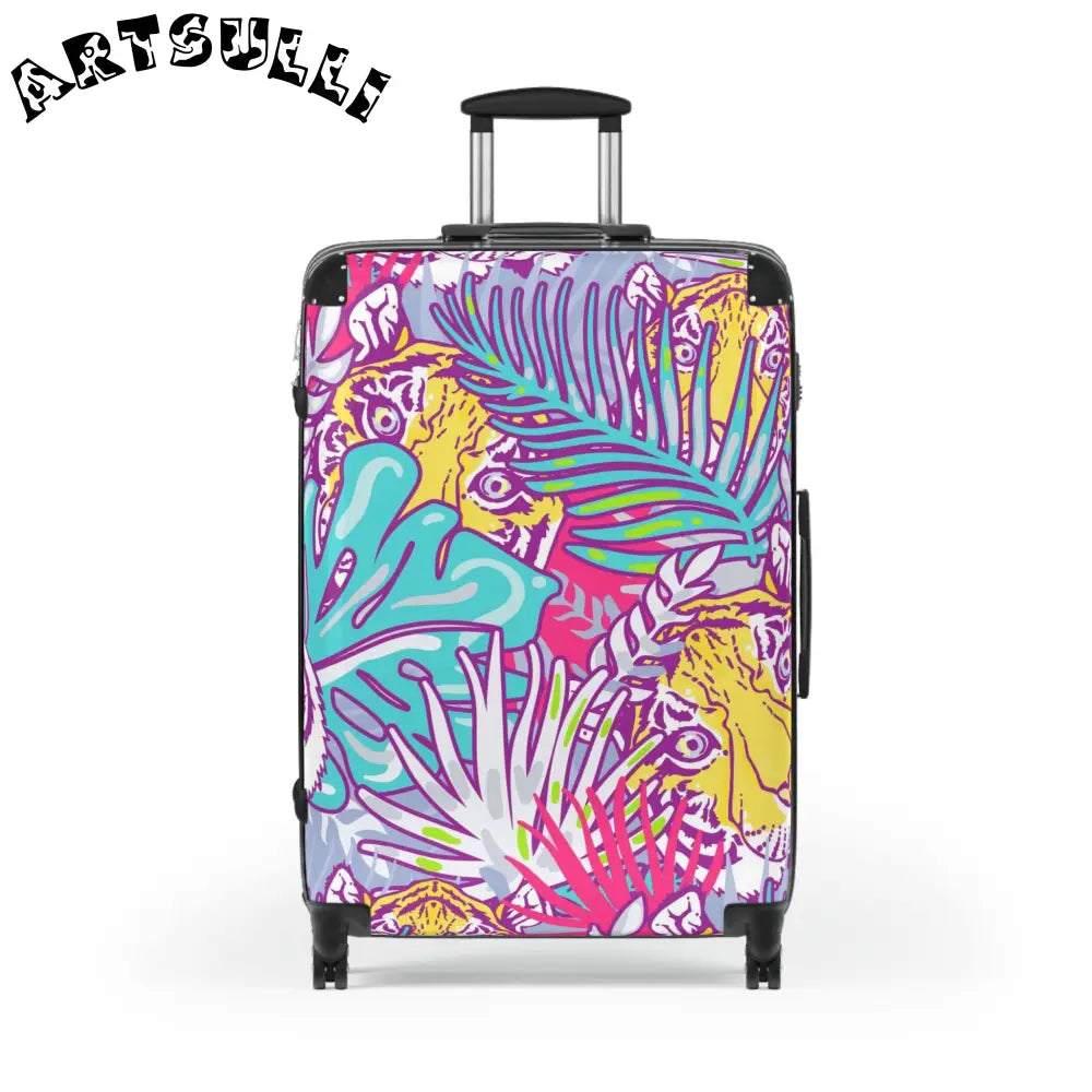 JAKKOUTTHEBXX Tropical Floral Tigers Torquise and Purple Suitcase