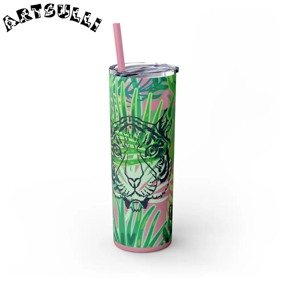 JAKKOUTTHEBXX Tropical Jungle Tigers Green Skinny Tumbler with Straw