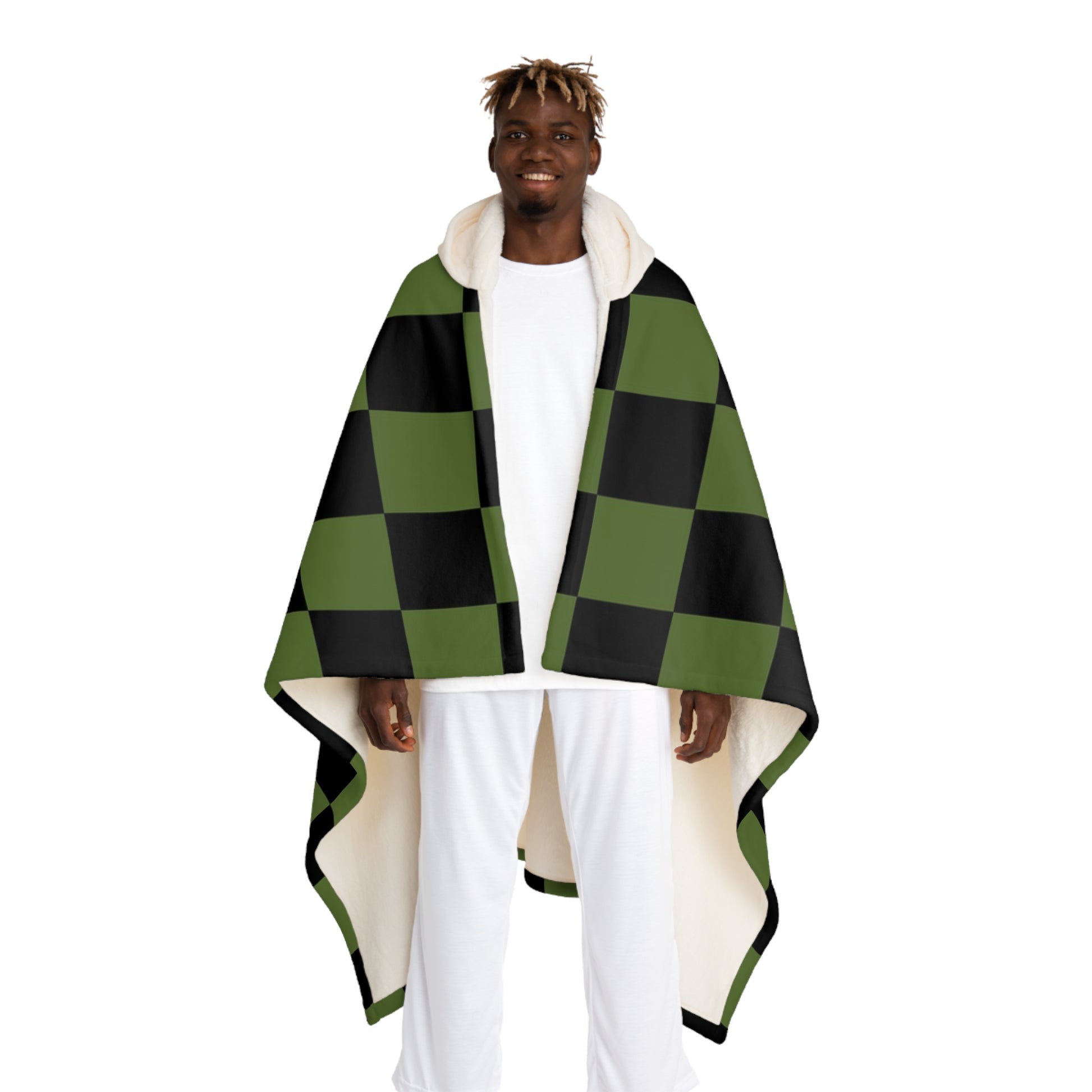 Checkerboard Olive Green and Black Hooded Sherpa Fleece Blanket, Artsulli - Art is Long, Life is Short, All Over Prints, Size, One size, Color, Cream, , , 22707655746793381721