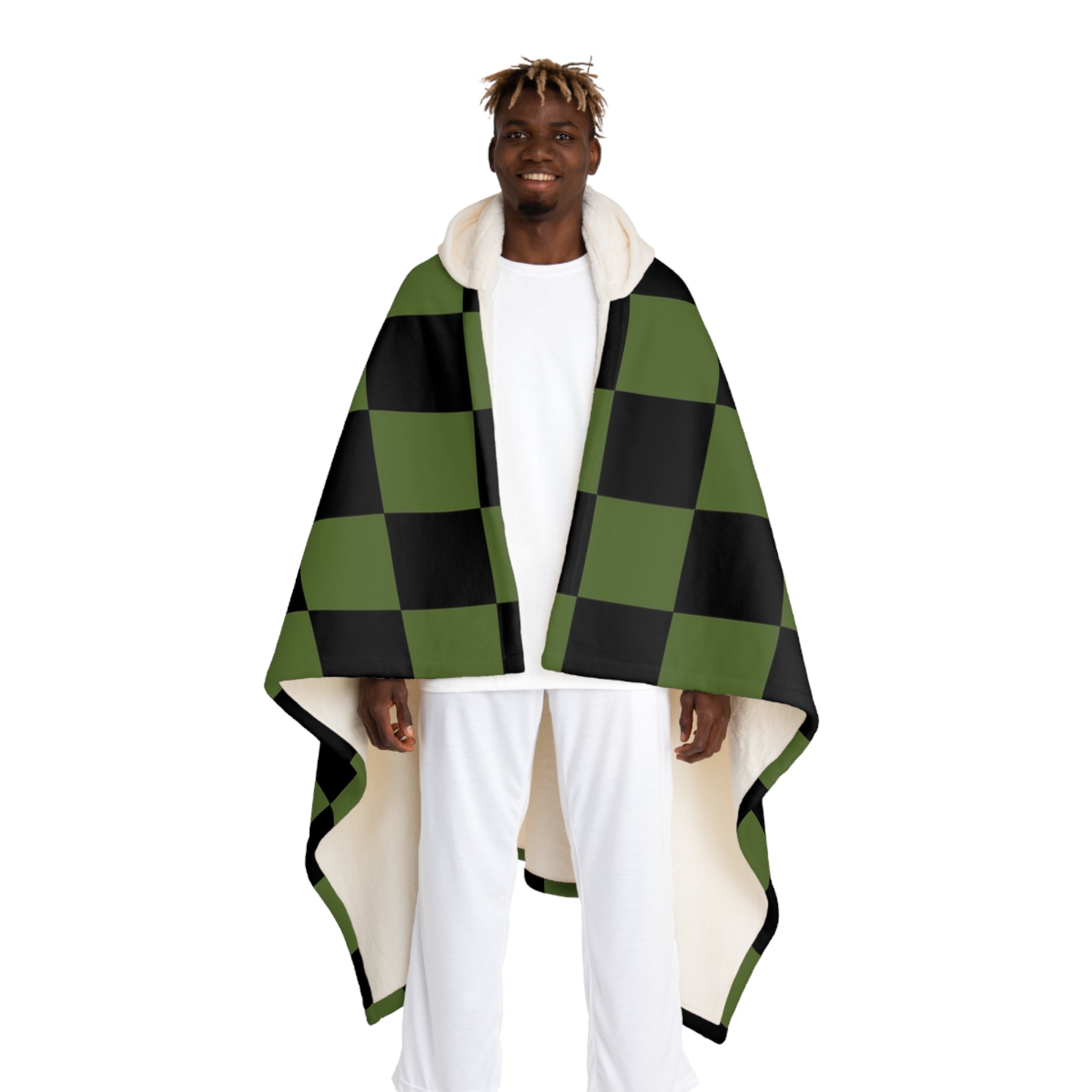 Checkerboard Olive Green and Black Hooded Sherpa Fleece Blanket, Artsulli - Art is Long, Life is Short, All Over Prints, Size, One size, Color, Cream, , , 22707655746793381721