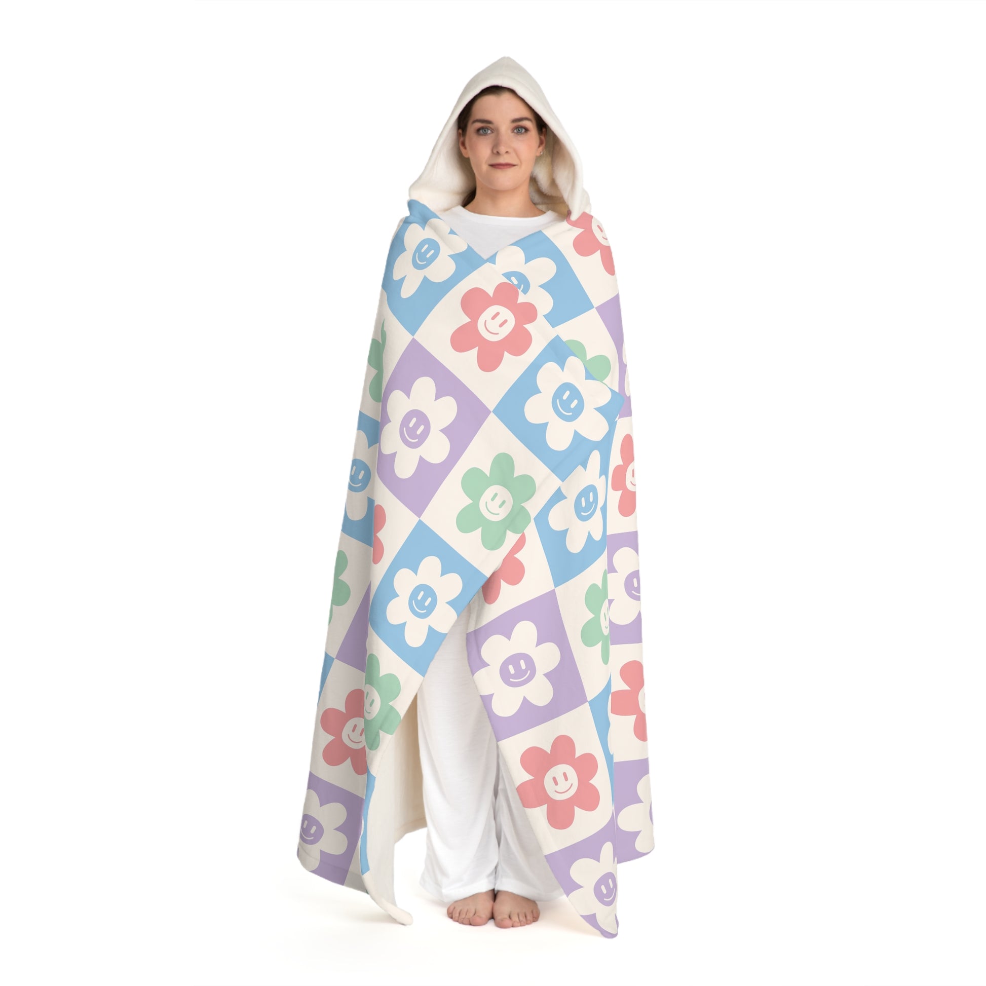 Chessboard x Smiley Face Flowers II Multi-Color  Hooded Sherpa Fleece Blanket, Artsulli - Art is Long, Life is Short, All Over Prints, , , , , , , 