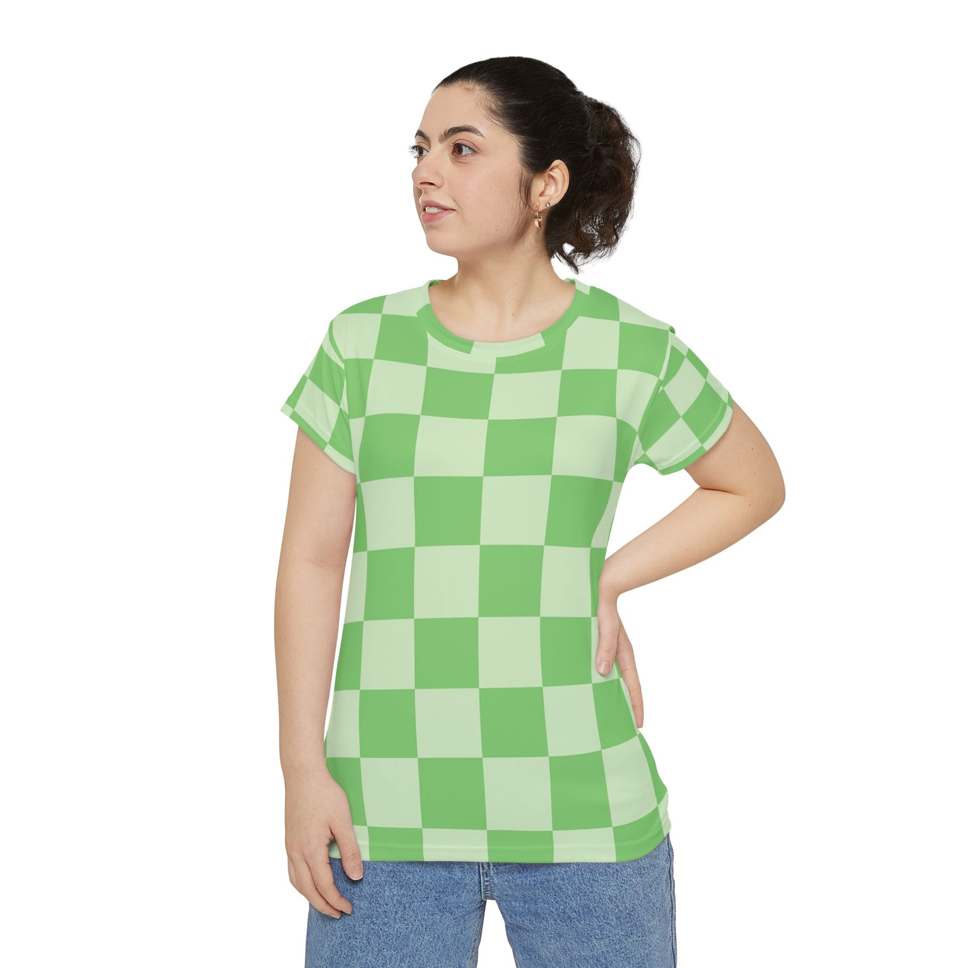 Checkerboard Green Women's Short Sleeve Shirt (AOP), Artsulli - Art is Long, Life is Short, All Over Prints, , , , , , , 