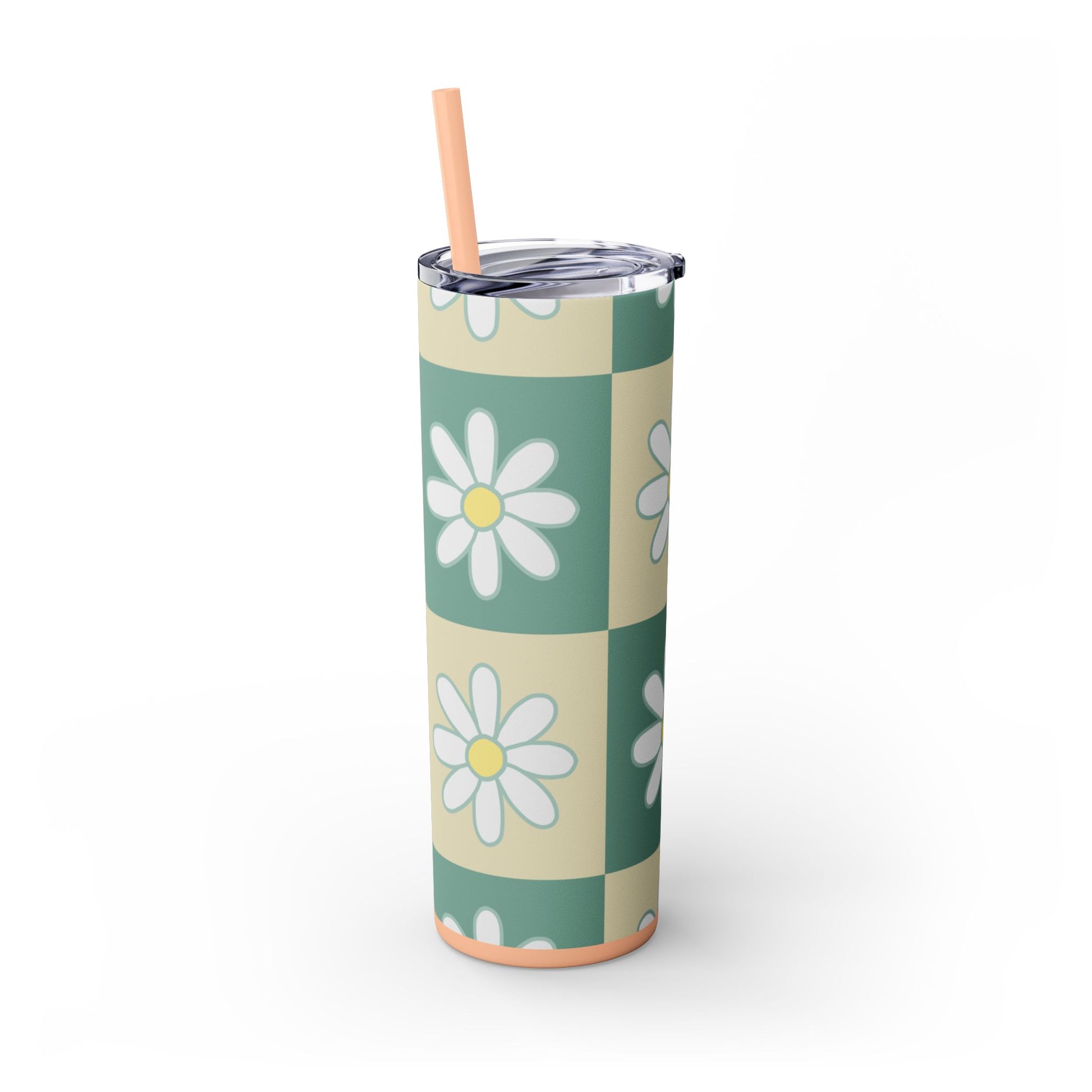Retro Daisy Checkerboard Green and Tan Skinny Tumbler with Straw, 20oz, Artsulli - Art is Long, Life is Short, Mug, , , , , , , 