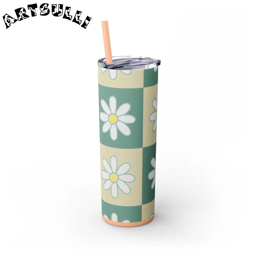JAKKOUTTHEBXX Retro Daisy Checkerboard Green and Tan Skinny Tumbler