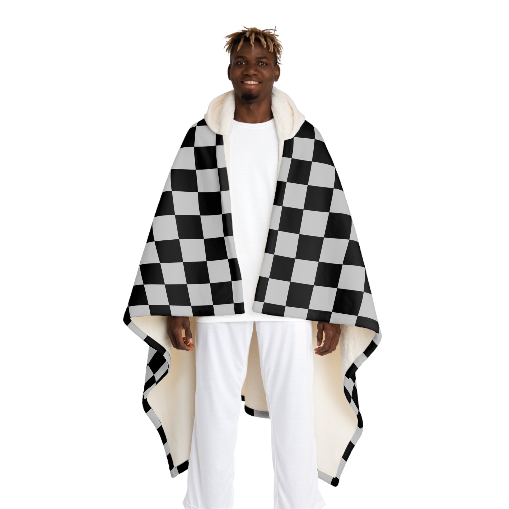 Checkerboard Dada Black and Light Gray Hooded Sherpa Fleece Blanket, Artsulli - Art is Long, Life is Short, All Over Prints, Size, One size, Color, Cream, , , 10295738034063837245
