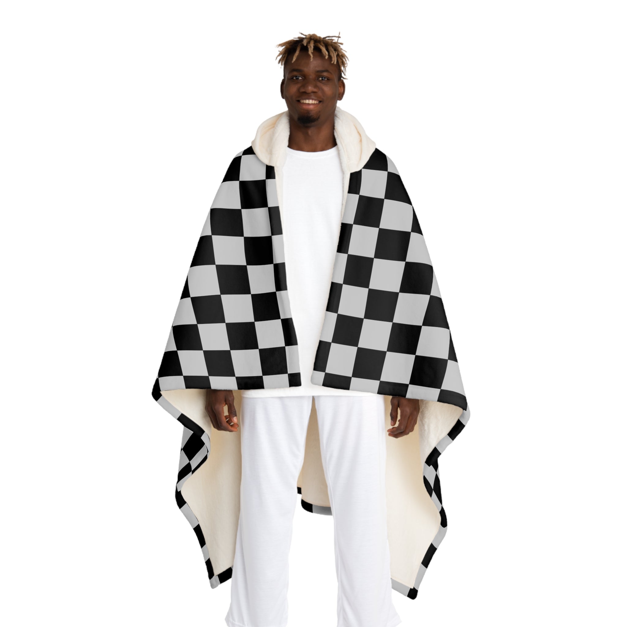 Checkerboard Dada Black and Light Gray Hooded Sherpa Fleece Blanket, Artsulli - Art is Long, Life is Short, All Over Prints, Size, One size, Color, Cream, , , 10295738034063837245