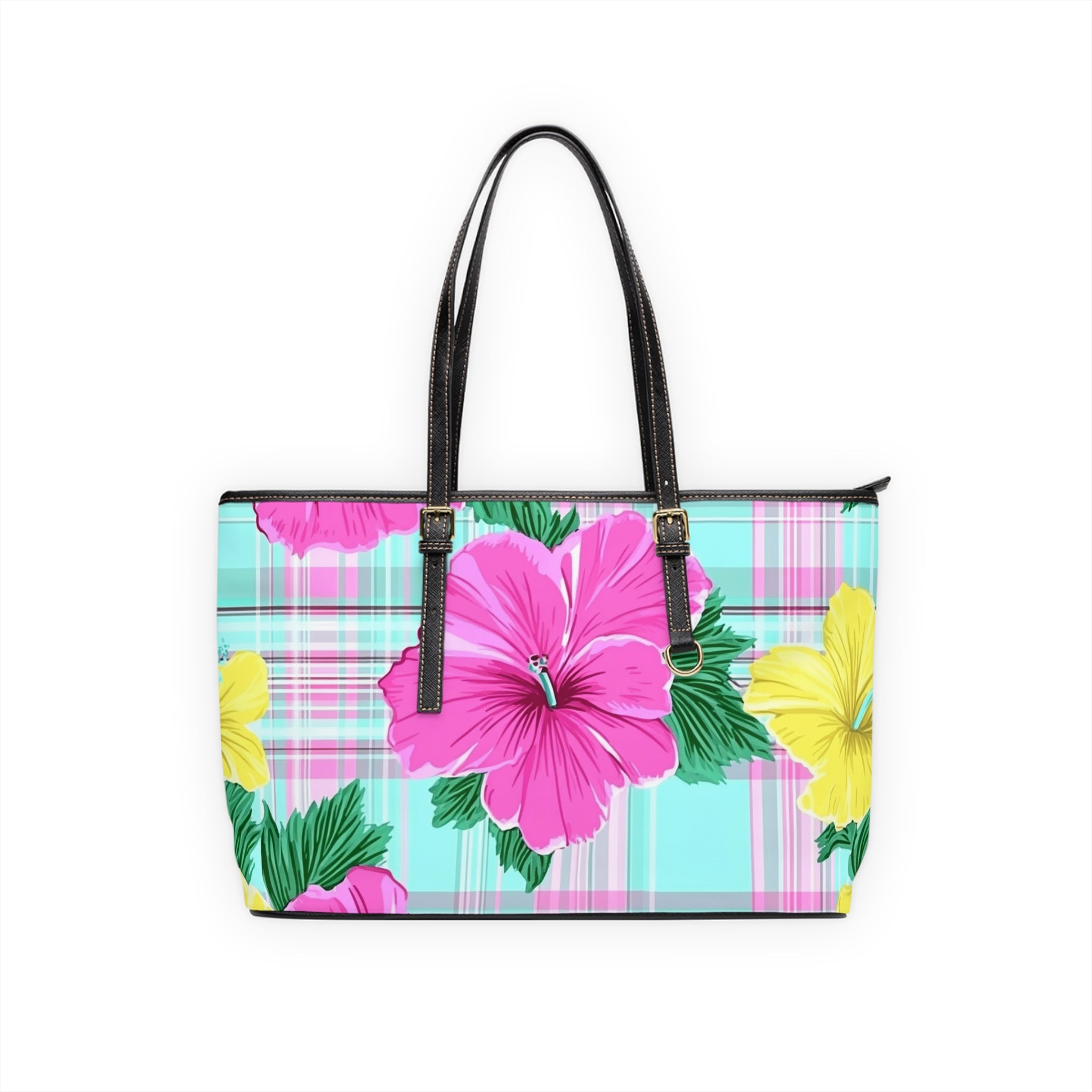 Plaid Hibiscus Pink and Yellow PU Leather Shoulder Bag, Artsulli - Art is Long, Life is Short, Bags, Size, 17" x 11", Color, Black, , , 10334592696373320878