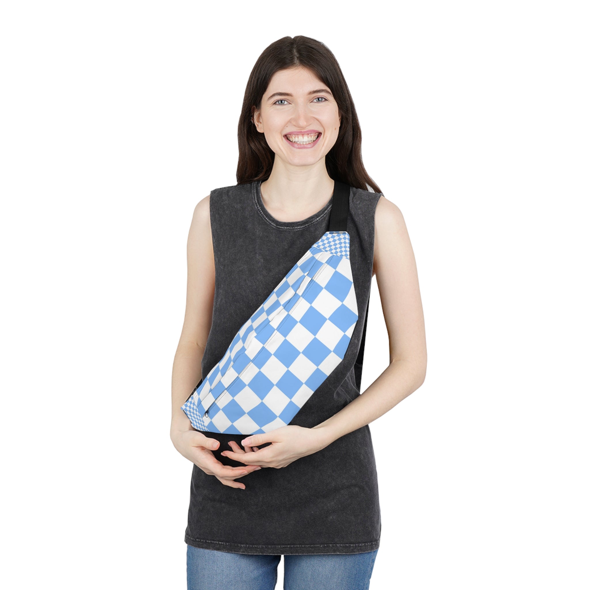 Checkerboard White and Light Blue Large Fanny Pack, Artsulli - Art is Long, Life is Short, Bags, , , , , , , 