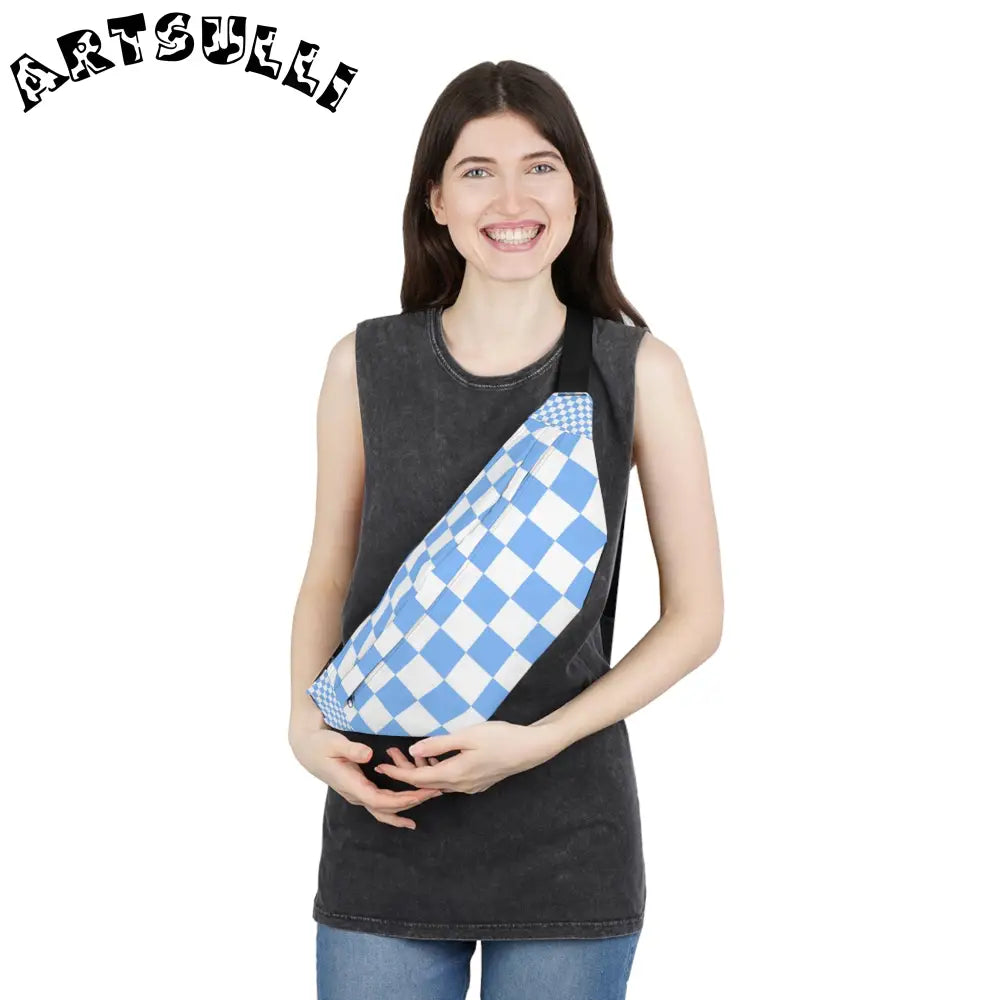 JAKKOUTTHEBXX Checkerboard White and Light Blue Large Fanny Pack