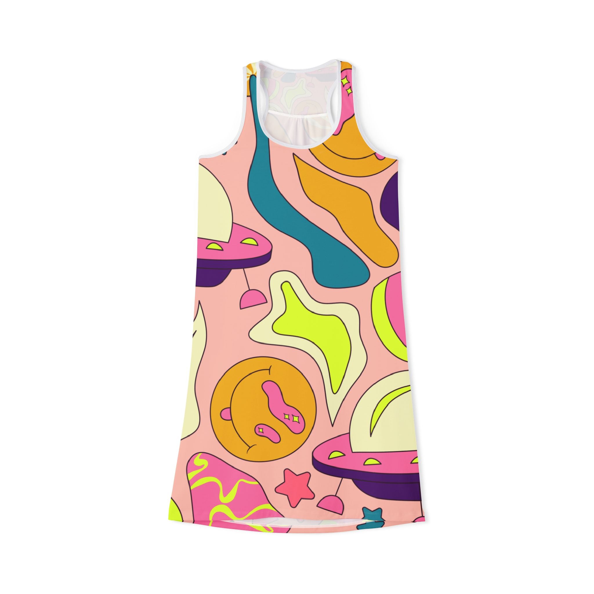 Trippy Spaceships Pink Women's Racerback Dress (AOP), Artsulli - Art is Long, Life is Short, Tank Top, Size, XS, Color, White, , , 14096578039969