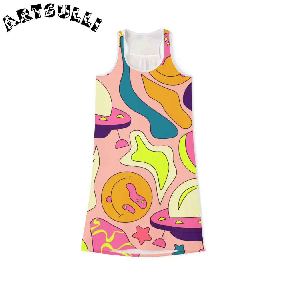 JAKKOUTTHEBXX Trippy Spaceships Pink Women’s Racerback Dress (AOP)