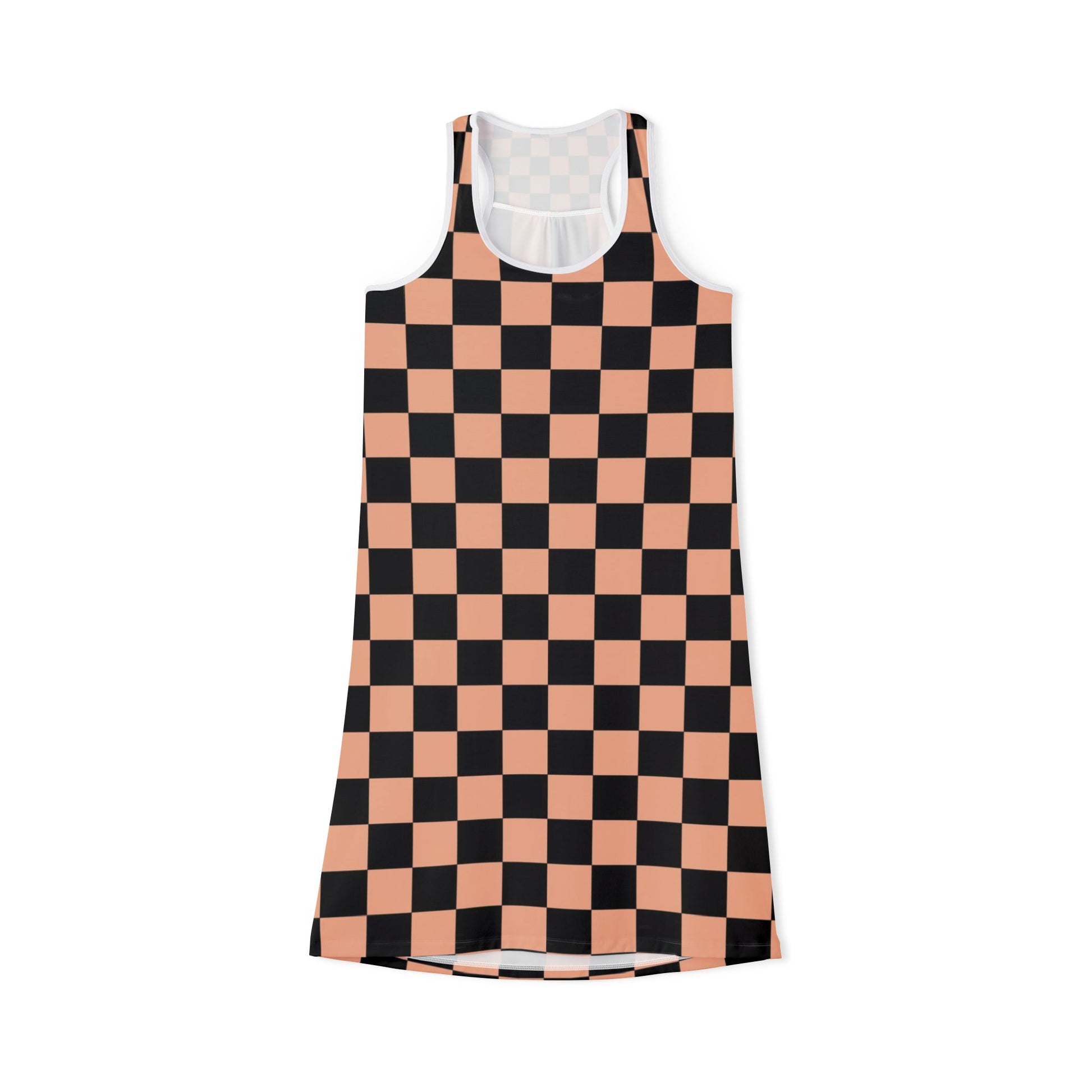 Checkerboard Soft Orange and Black Women's Racerback Dress (AOP), Artsulli - Art is Long, Life is Short, Tank Top, Size, XS, Color, White, , , 29071258392739528388