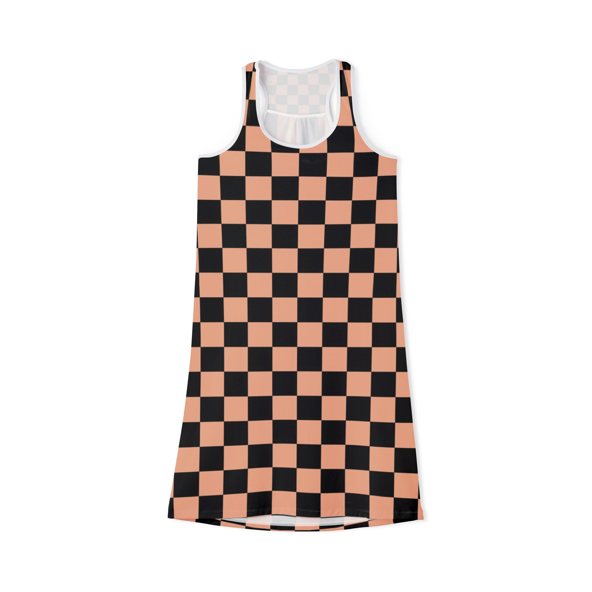 Checkerboard Soft Orange and Black Women's Racerback Dress (AOP), Artsulli - Art is Long, Life is Short, Tank Top, Size, XS, Color, White, , , 29071258392739528388