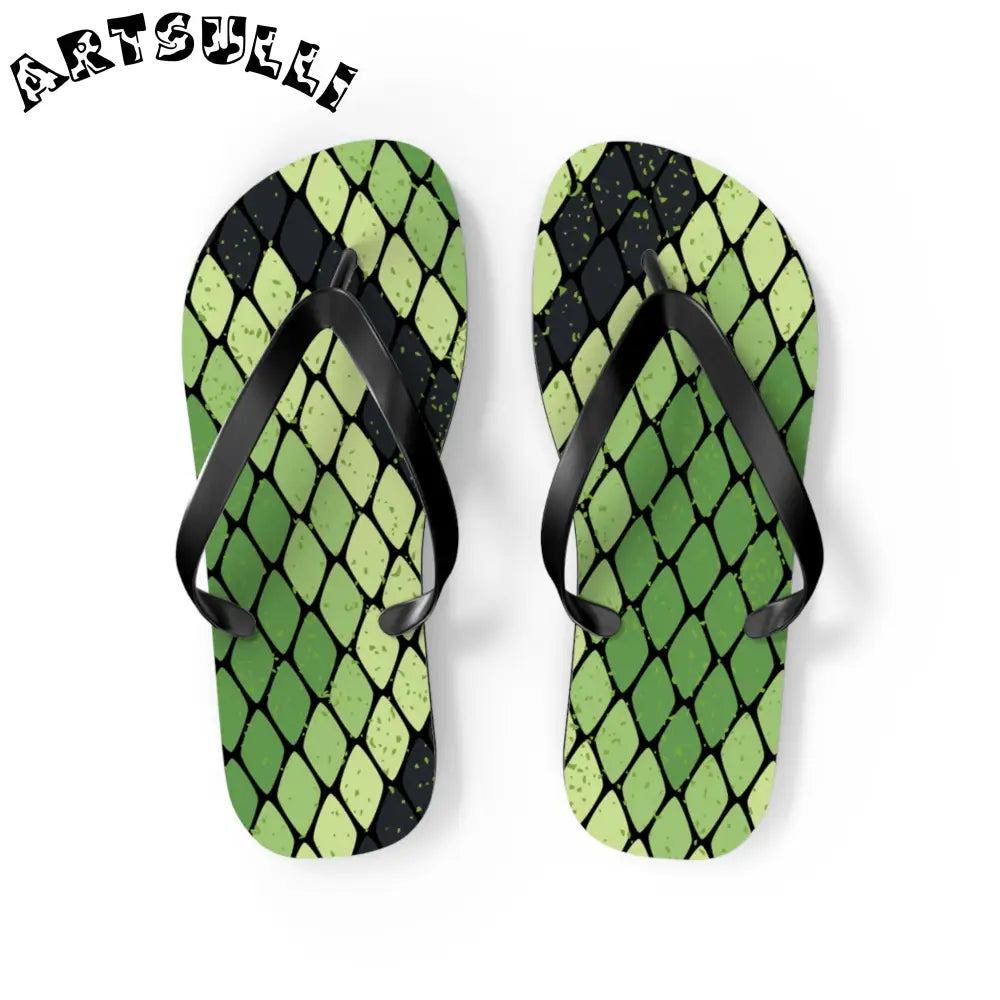 JAKKOUTTHEBXX Snake Skin Green and Black Flip Flops JAKKOUTTHEBXX