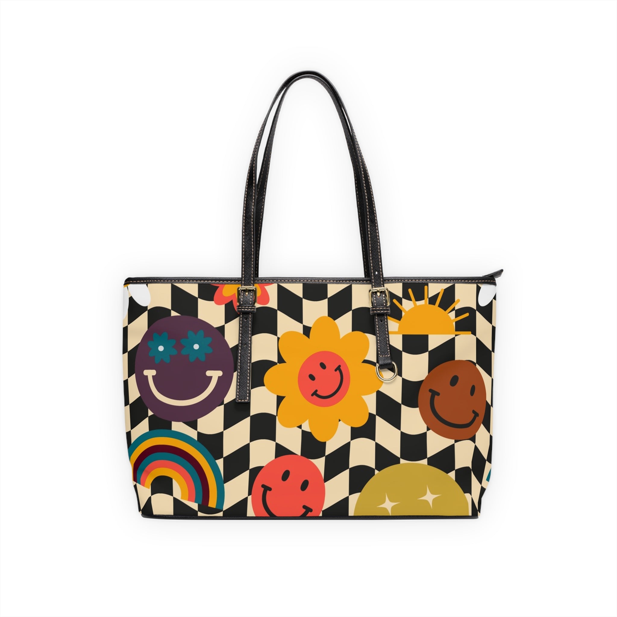 Trippy x Wavy Checkerboard x Smiley Face x Rainbow x Flowers Multi-Color PU Leather Shoulder Bag, Artsulli - Art is Long, Life is Short, Bags, Size, 17" x 11", Color, Black, , , 27656022707923076620