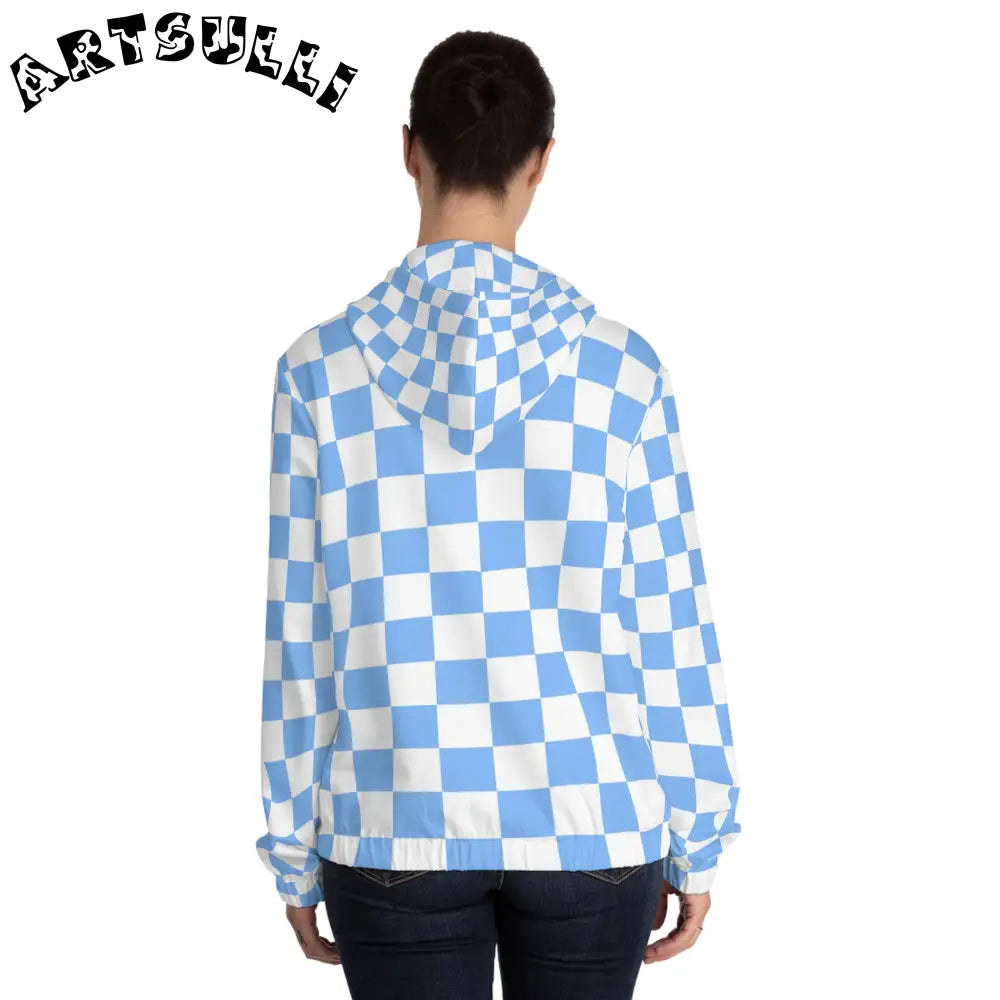 JAKKOUTTHEBXX Checkerboard White and Light Blue Women’s Full-Zip