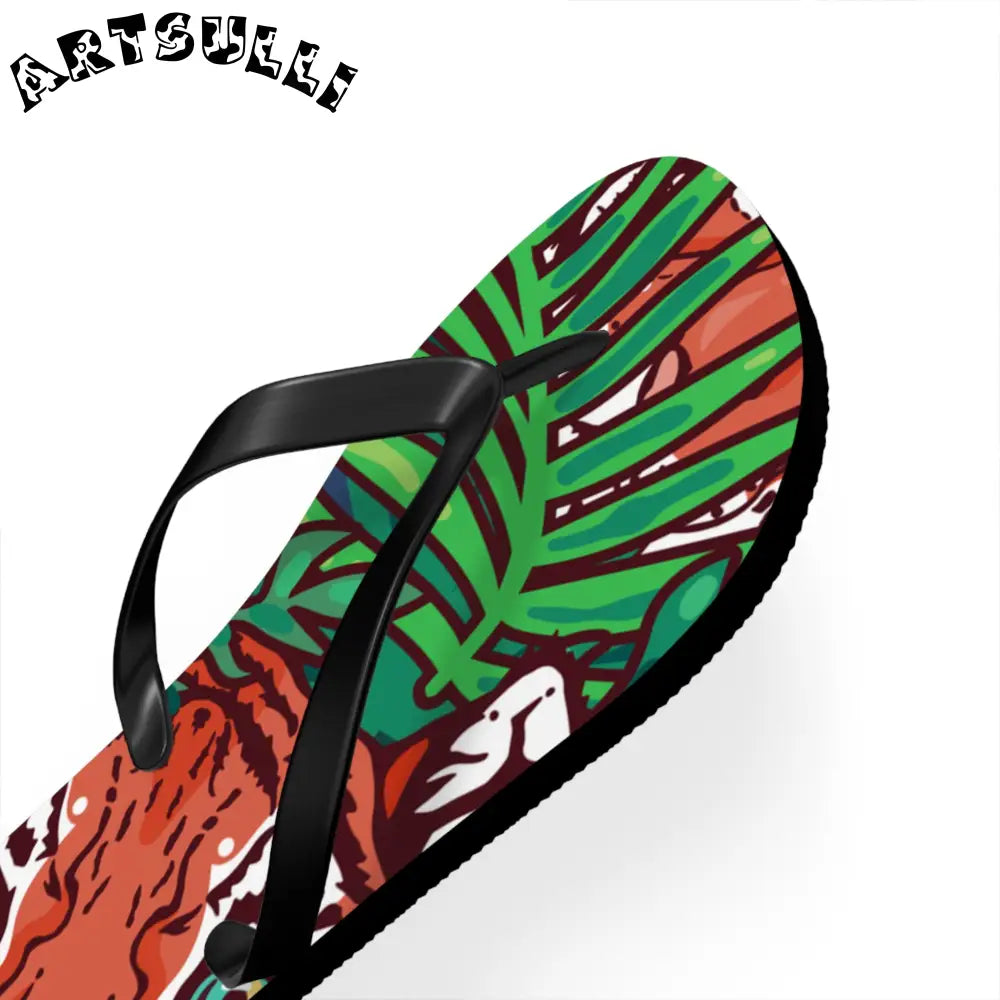 JAKKOUTTHEBXX Tropical Jungle Tigers Blue and Green Flip Flops