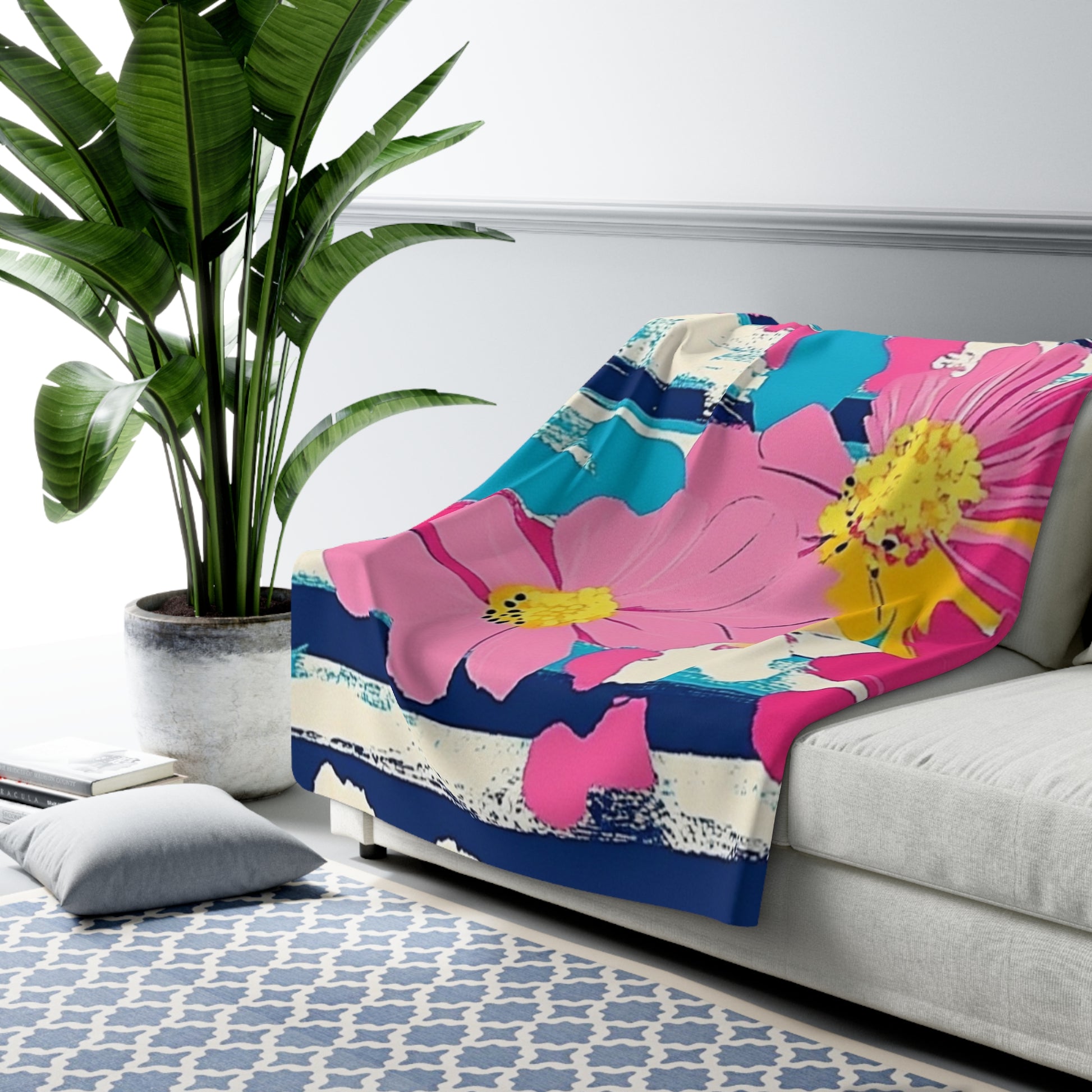 Dayglo Floral Stripes Multi-Color Sherpa Fleece Blanket, Artsulli - Art is Long, Life is Short, Home Decor, , , , , , , 