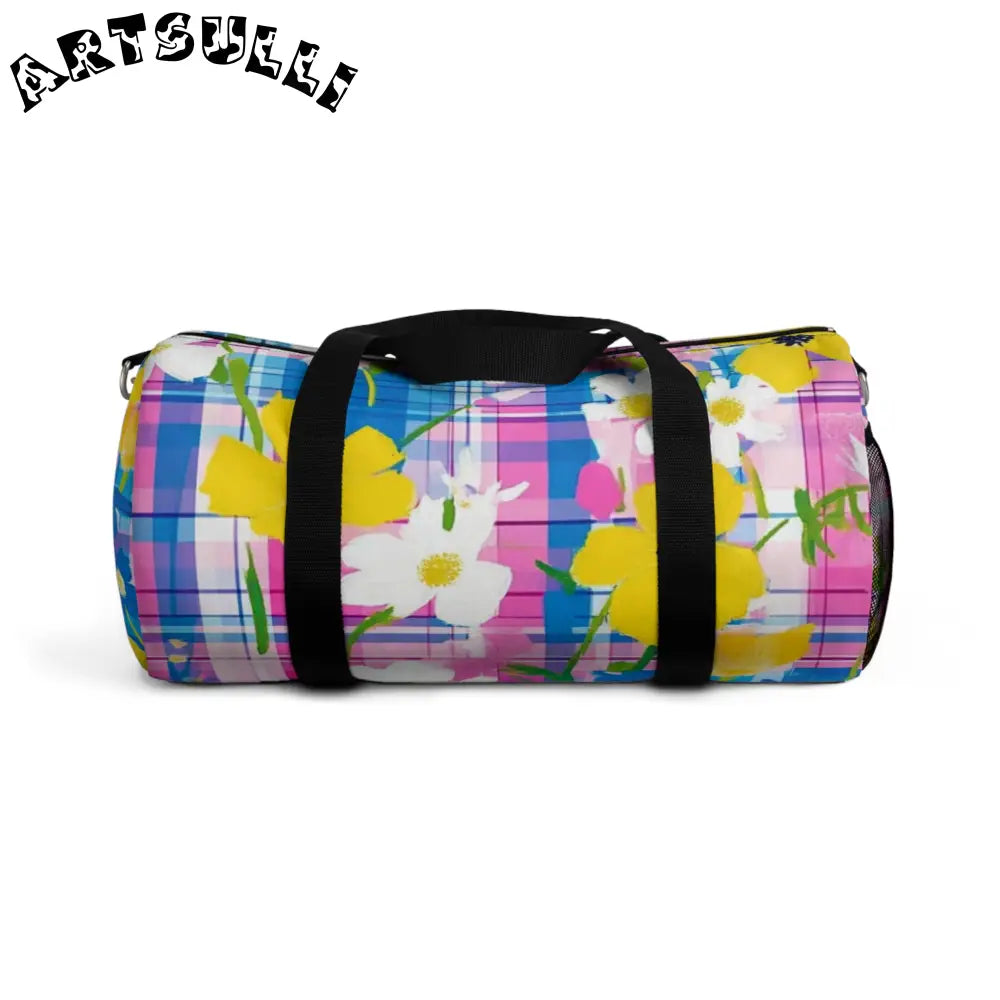 JAKKOUTTHEBXX Plaid Garden II Pink and Purple Duffel Bag