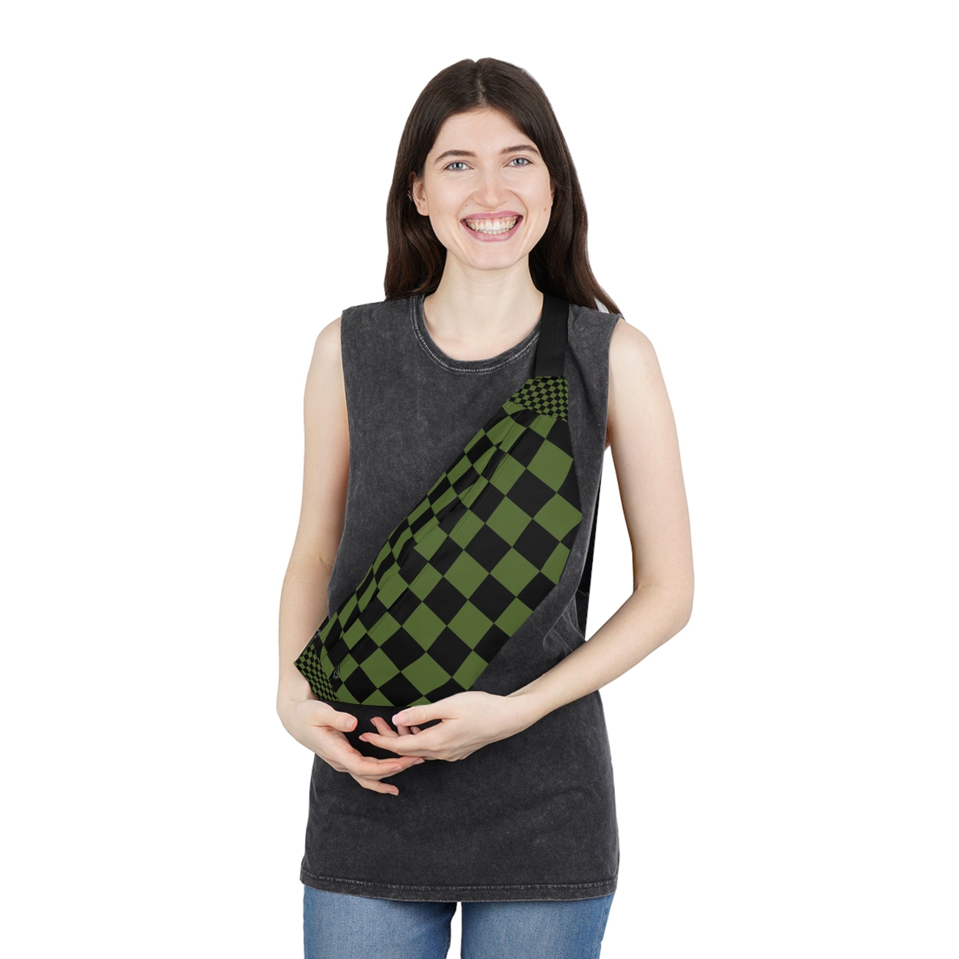 Checkerboard Olive Green and Black Fanny Pack, Artsulli - Art is Long, Life is Short, Bags, , , , , , , 