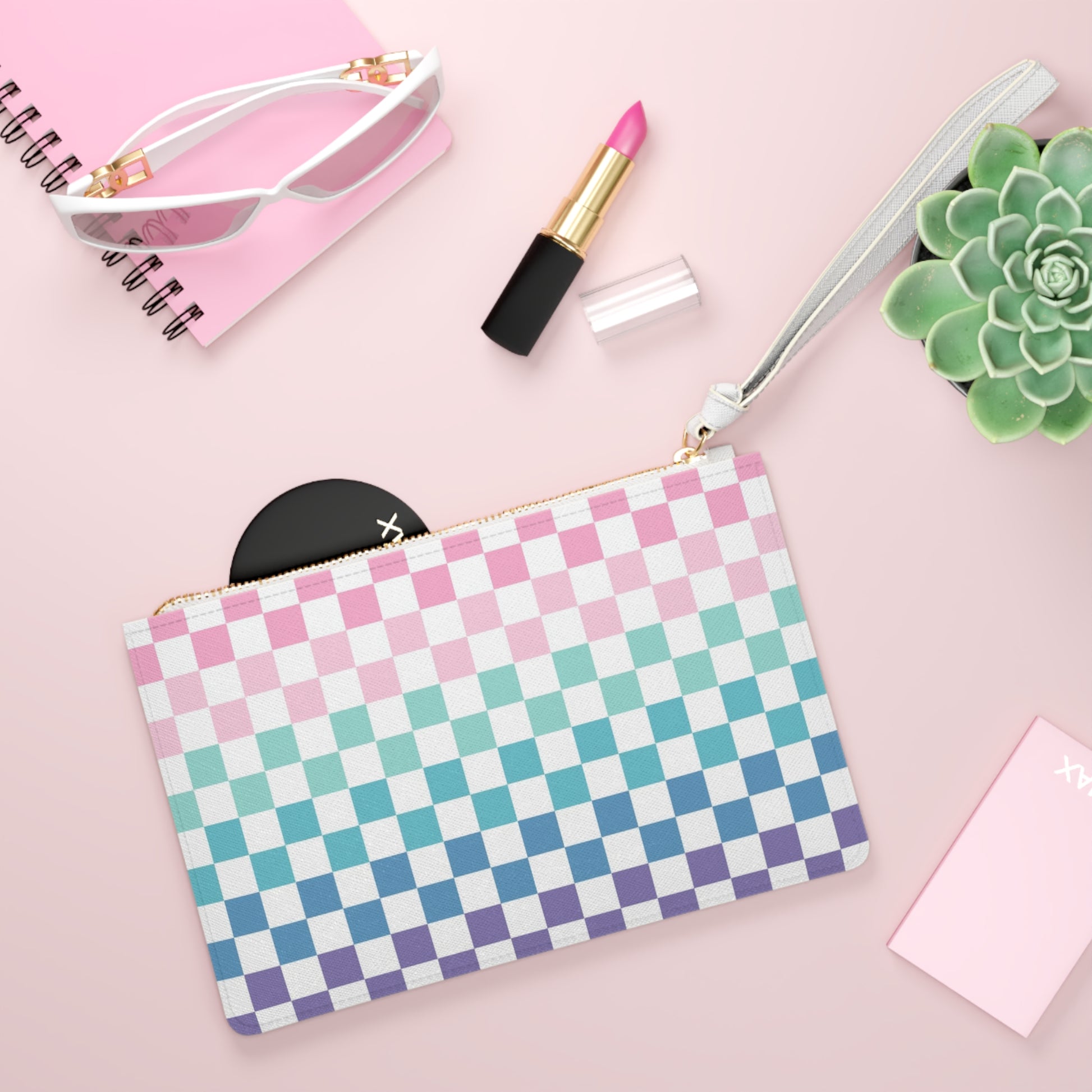 Vaporwave Rainbow  Checkerboard Multi-Color Clutch Bag, Artsulli - Art is Long, Life is Short, Bags, , , , , , , 