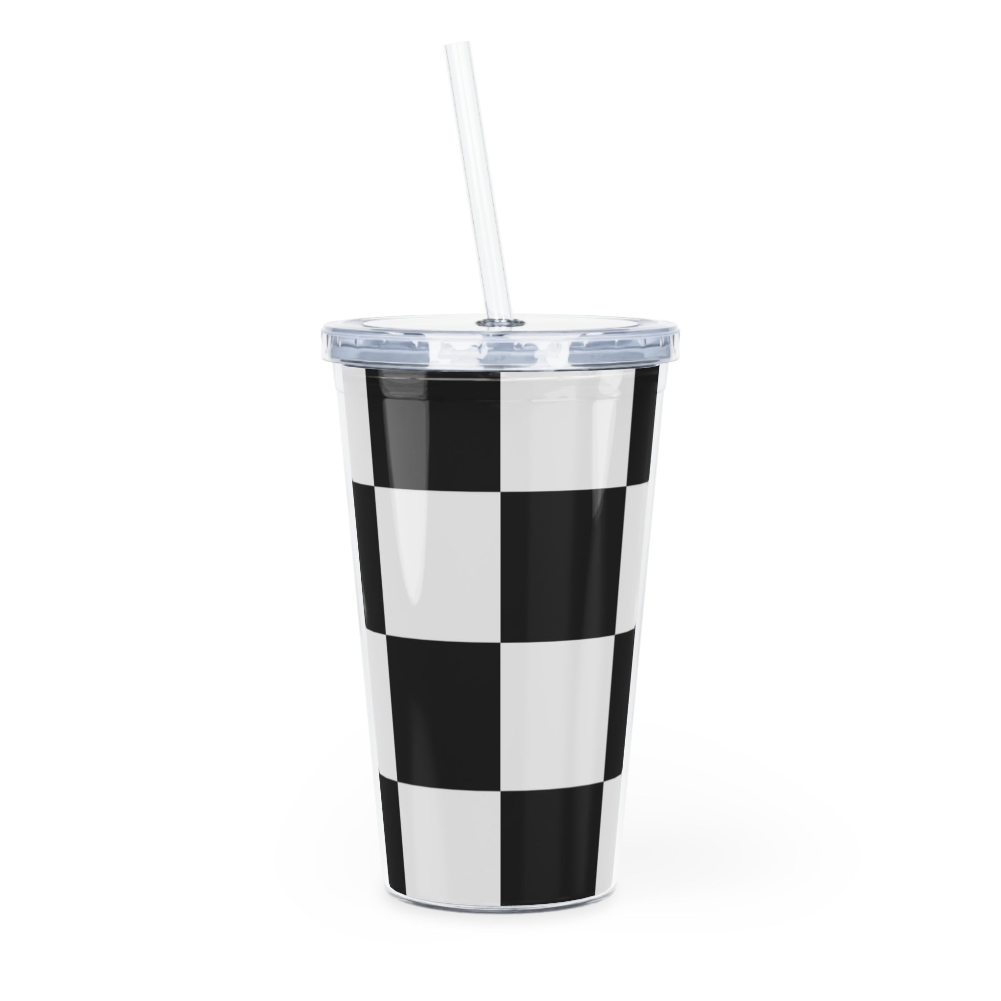 Checkerboard Black and White Plastic Tumbler with Straw, Artsulli - Art is Long, Life is Short, Mug, , , , , , , 