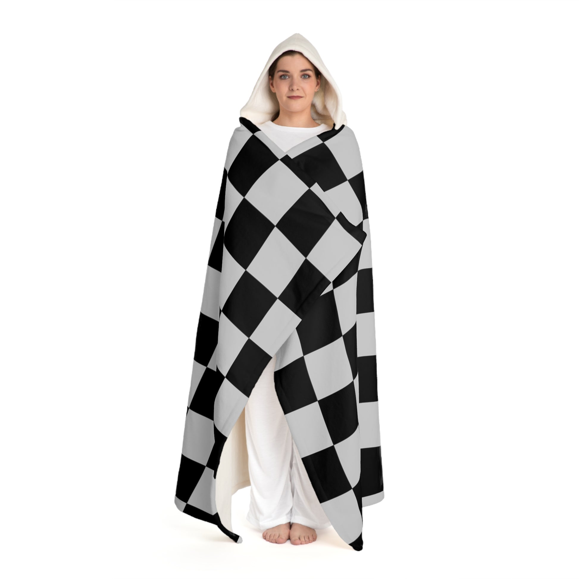 Checkerboard Dada Black and Light Gray Hooded Sherpa Fleece Blanket, Artsulli - Art is Long, Life is Short, All Over Prints, , , , , , , 