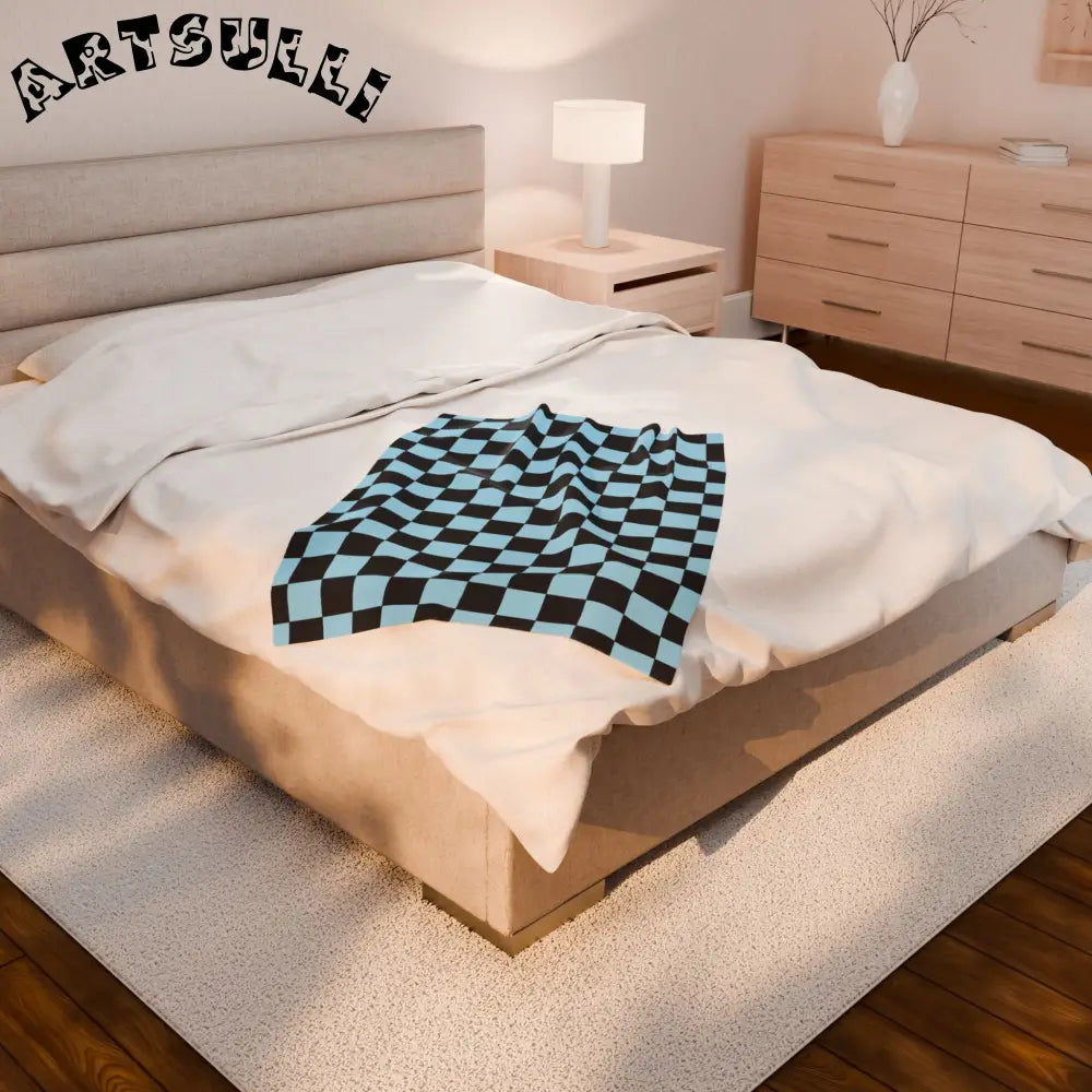 JAKKOUTTHEBXX Checkerboard Black and Blue Velveteen Plush Blanket