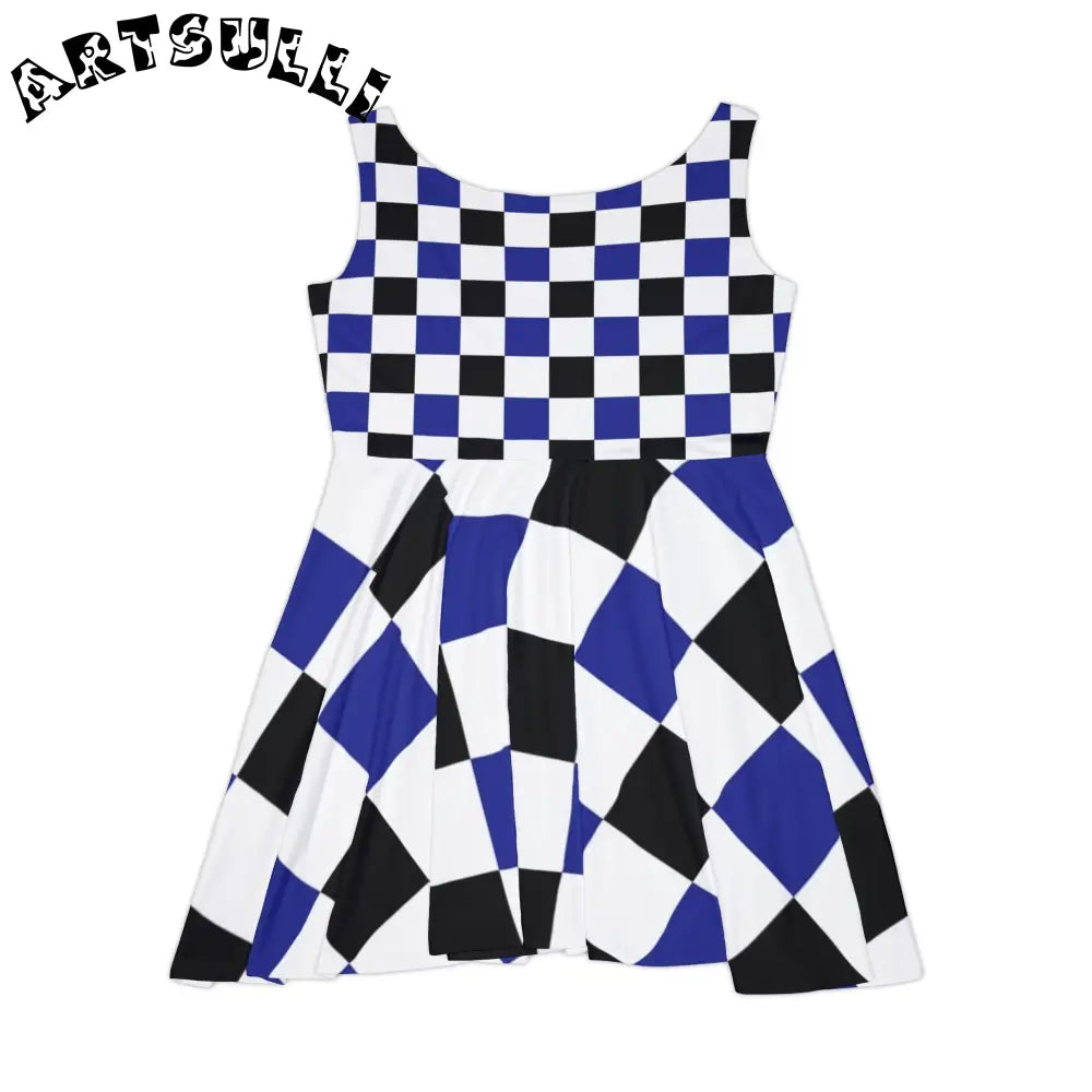 JAKKOUTTHEBXX Checkerboard Blue White and Black Women’s Skater Dress