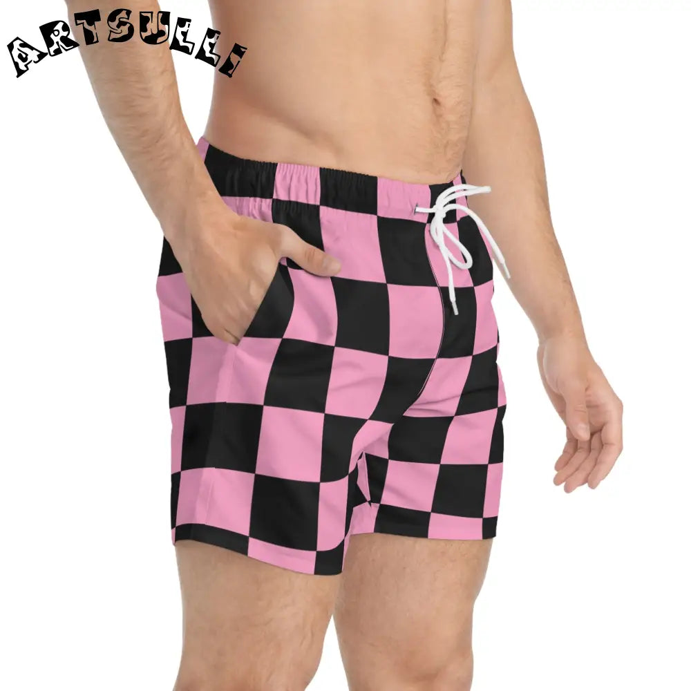 JAKKOUTTHEBXX Checkerboard Black and Pink Swim Trunks (AOP)