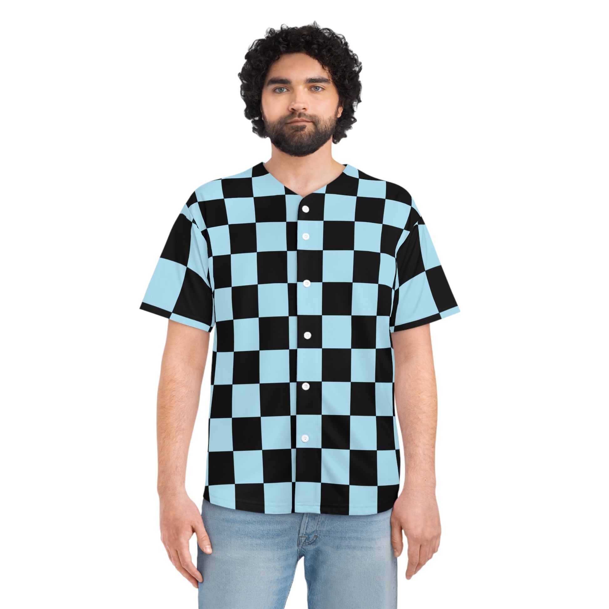 Checkerboard Black and Blue Men's Baseball Jersey (AOP), Artsulli - Art is Long, Life is Short, All Over Prints, , , , , , , 